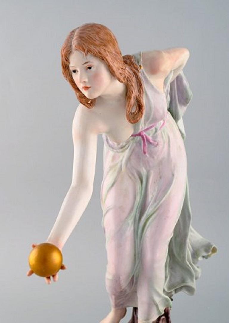 German Walter Schott for Meissen, Large Art Nouveau Porcelain Figurine, Woman with Ball