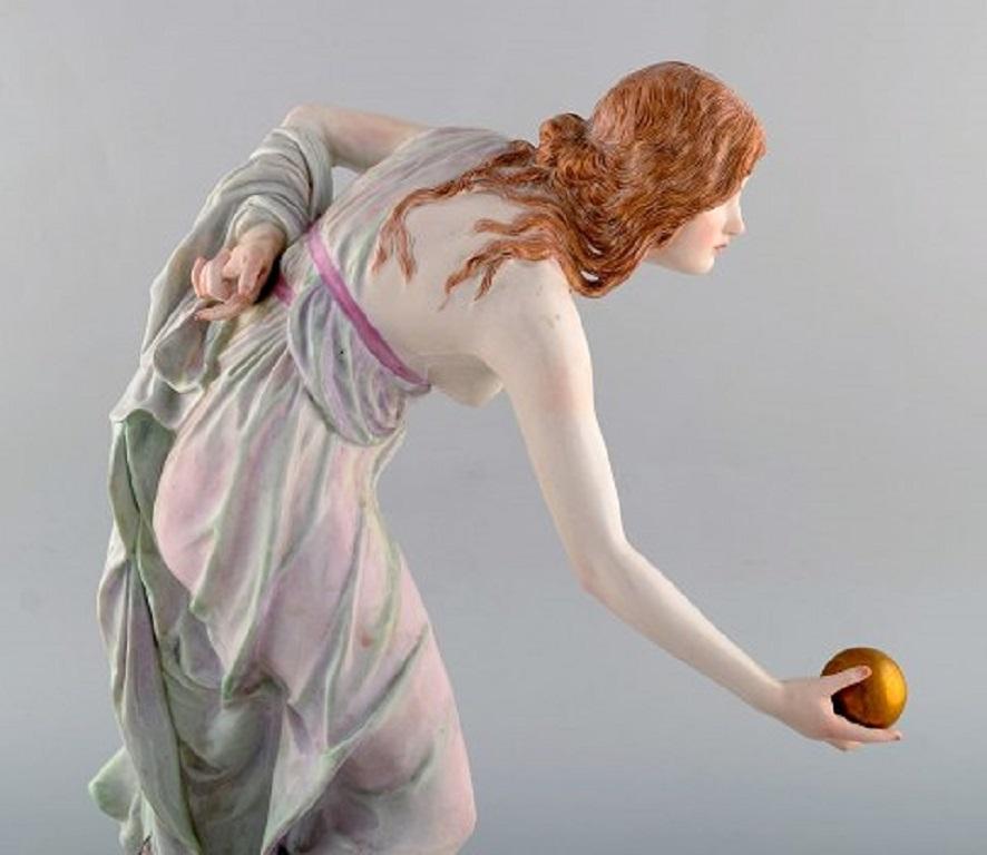Early 20th Century Walter Schott for Meissen, Large Art Nouveau Porcelain Figurine, Woman with Ball