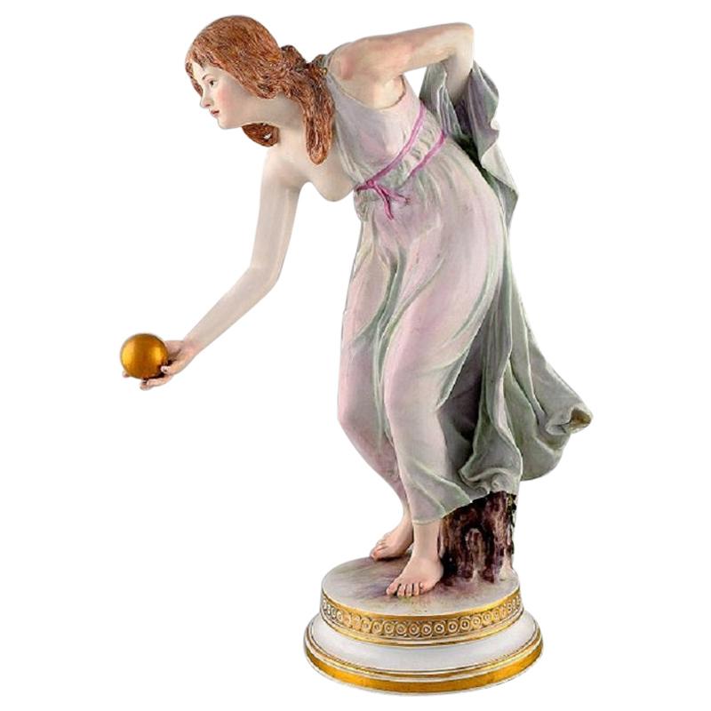 Walter Schott for Meissen, Large Art Nouveau Porcelain Figurine, Woman with Ball