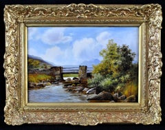 Figure on a Stone Bridge - 19th Century English Antique Landscape Oil Painting