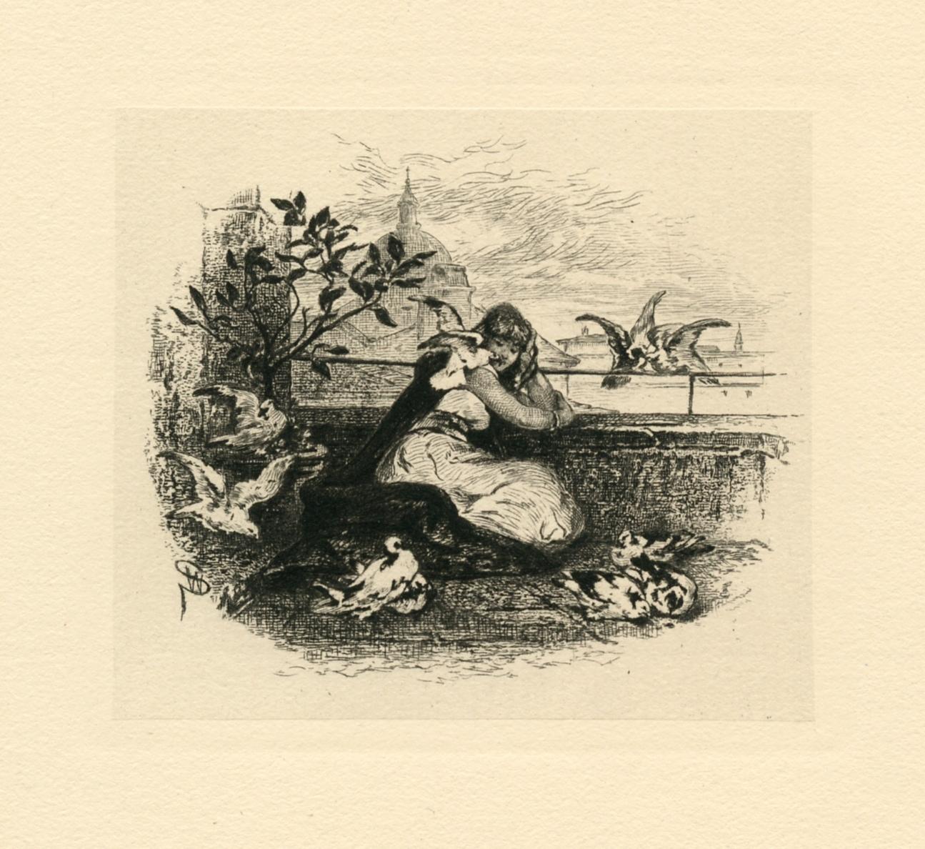 "Hilda et les colombes" eau-forte originale - Print de Walter Shirlaw