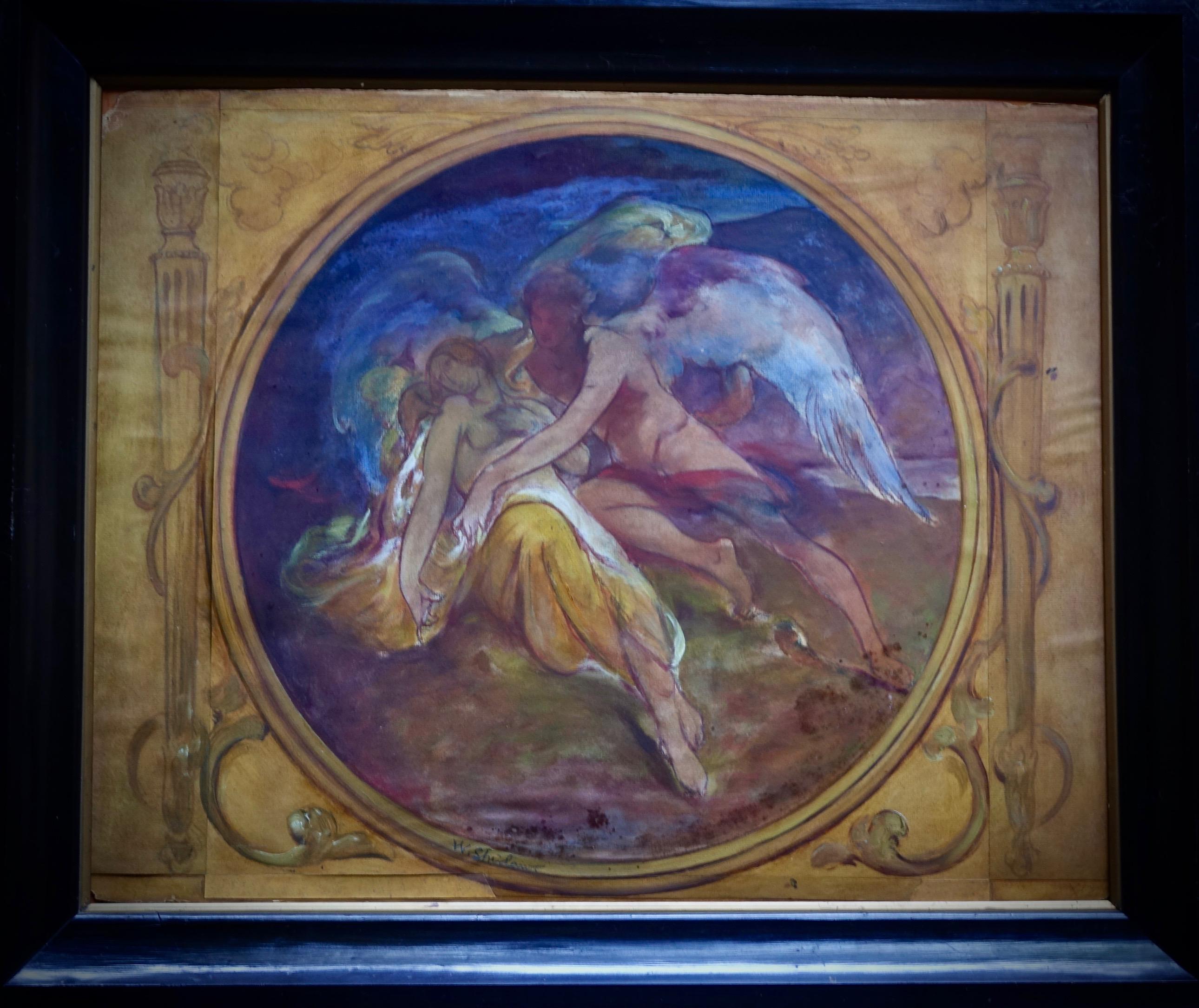 Walter Shirlaw (1838-1909)
Studie für eine dekorative Tafel
Bleistift und Aquarell auf Papier, aufgezogen auf Pappe
Maße: 62,5 x 74 x 5 cm (mit Rahmen)
50,5 x 62 (ohne Rahmen)
Signiert im Kreis unten rechts

Walter Shirlaw wurde in der Nähe