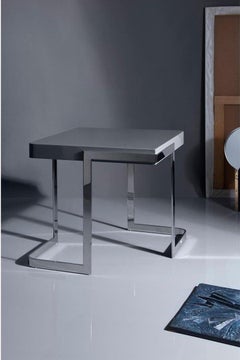 Walter, Side Table with Grey Lacquered Top and Stainless Steel Base