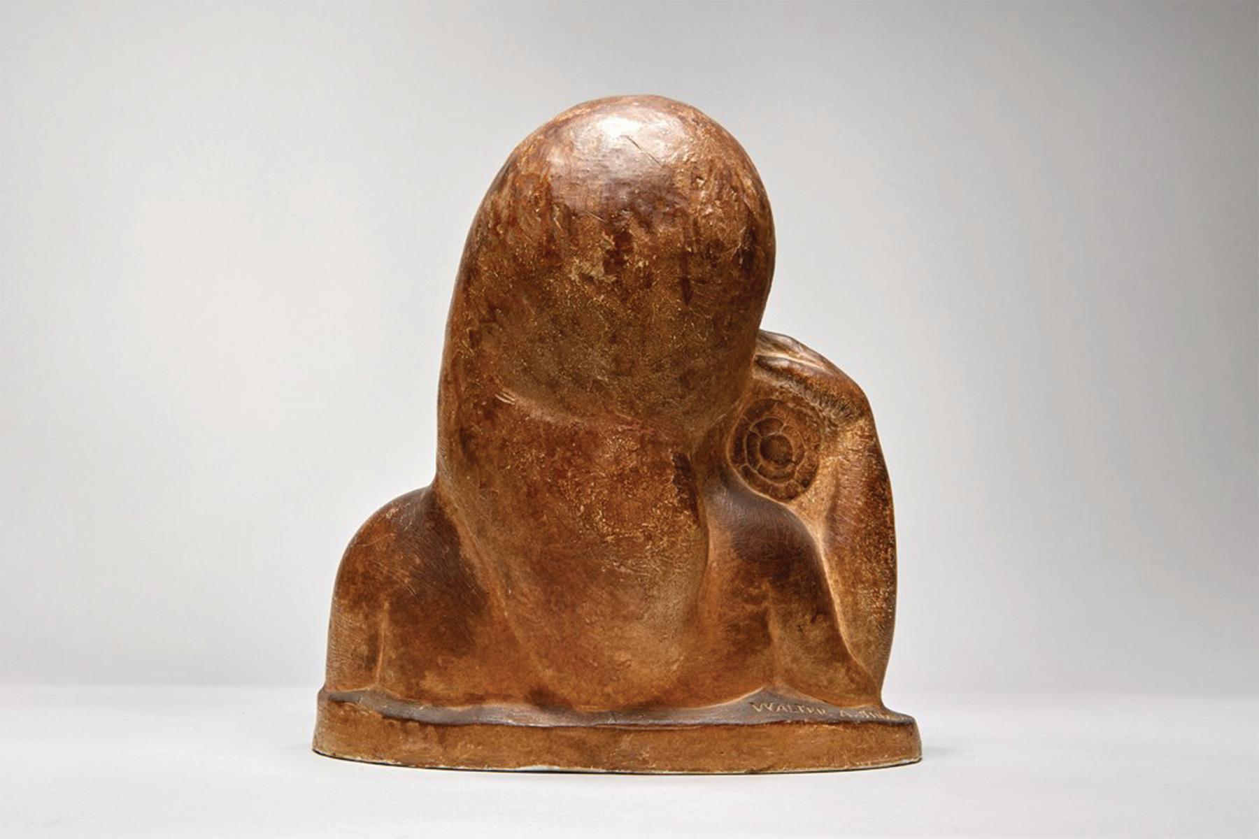 Walter Sinz (Amerikaner, 1881-1966)
Zinnie, um 1930
Gips
Unterschrift auf der Basis
9 x 8 x 4 Zoll

Walter A. Sinz war ein amerikanischer Bildhauer, der am 13. Juli 1881 in Cleveland, Ohio, geboren wurde. Sinz' Vater war Lithografie-Dozent an der