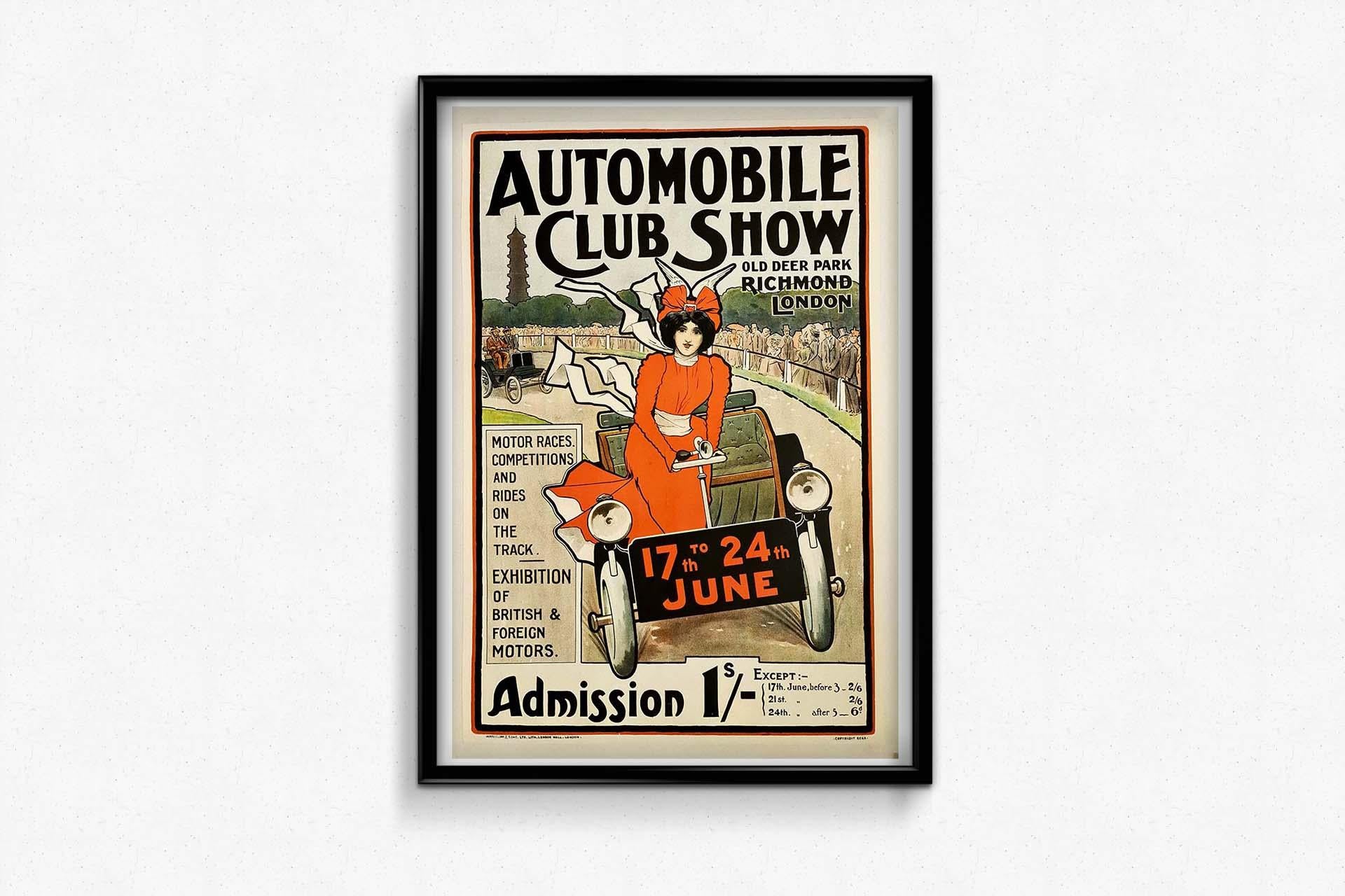 Schönes Plakat im Jugendstil, das 1910 von Walter Sneed Rogers zur Werbung für die Automobile Club Show im Old Deer Park in London hergestellt wurde.

Der Automobilclub veranstaltete seine erste Ausstellung im Old Deer Park in Richmond im Juni 1899.