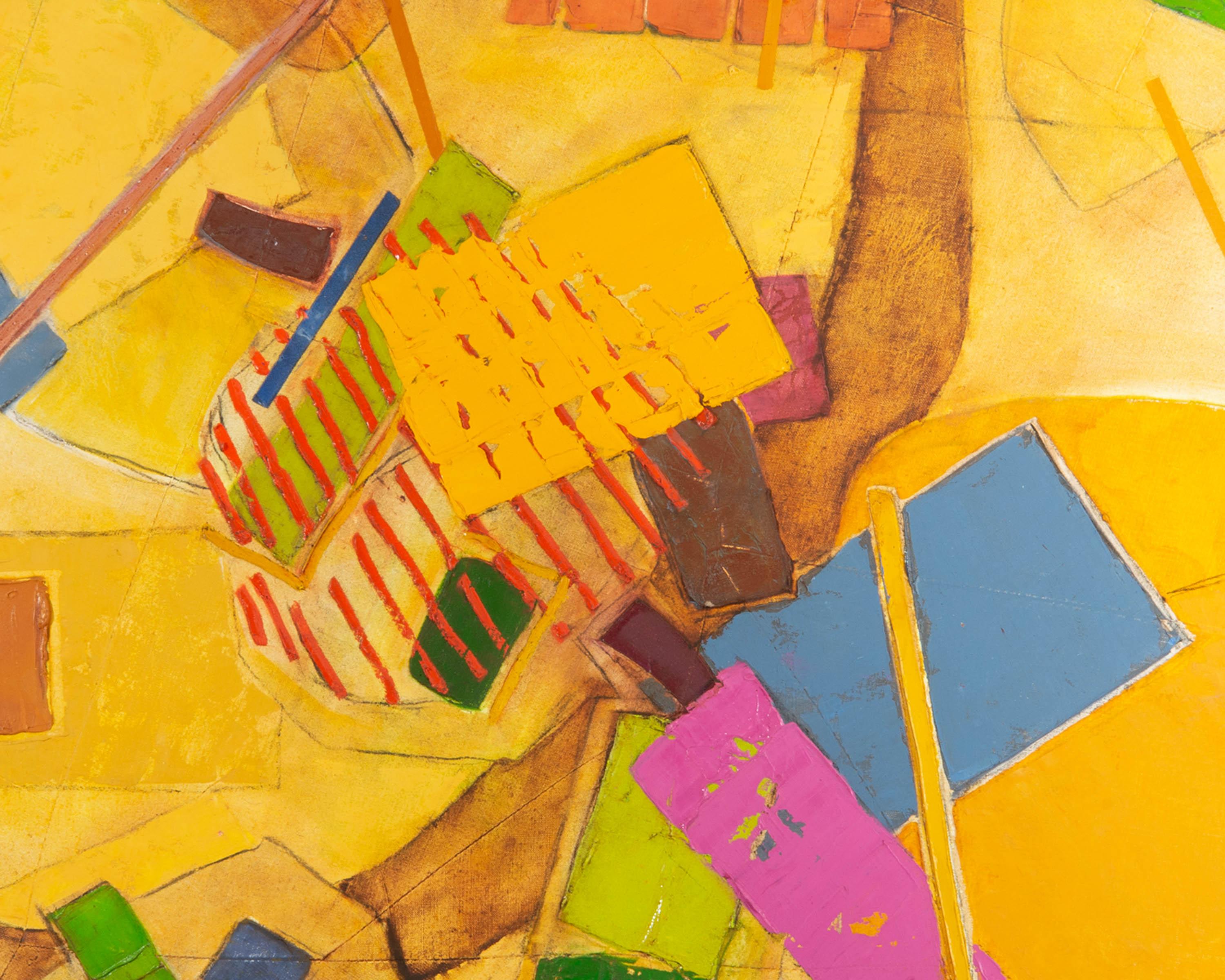 An eight sided abstract oil on canvas titled Yellow-Pink by Canadian artist Walter Sorge (1931-2021). Pink, green and blue slashes are depicted among a variety of colorful raised shapes and textures upon a yellow ground. The canvas has been created