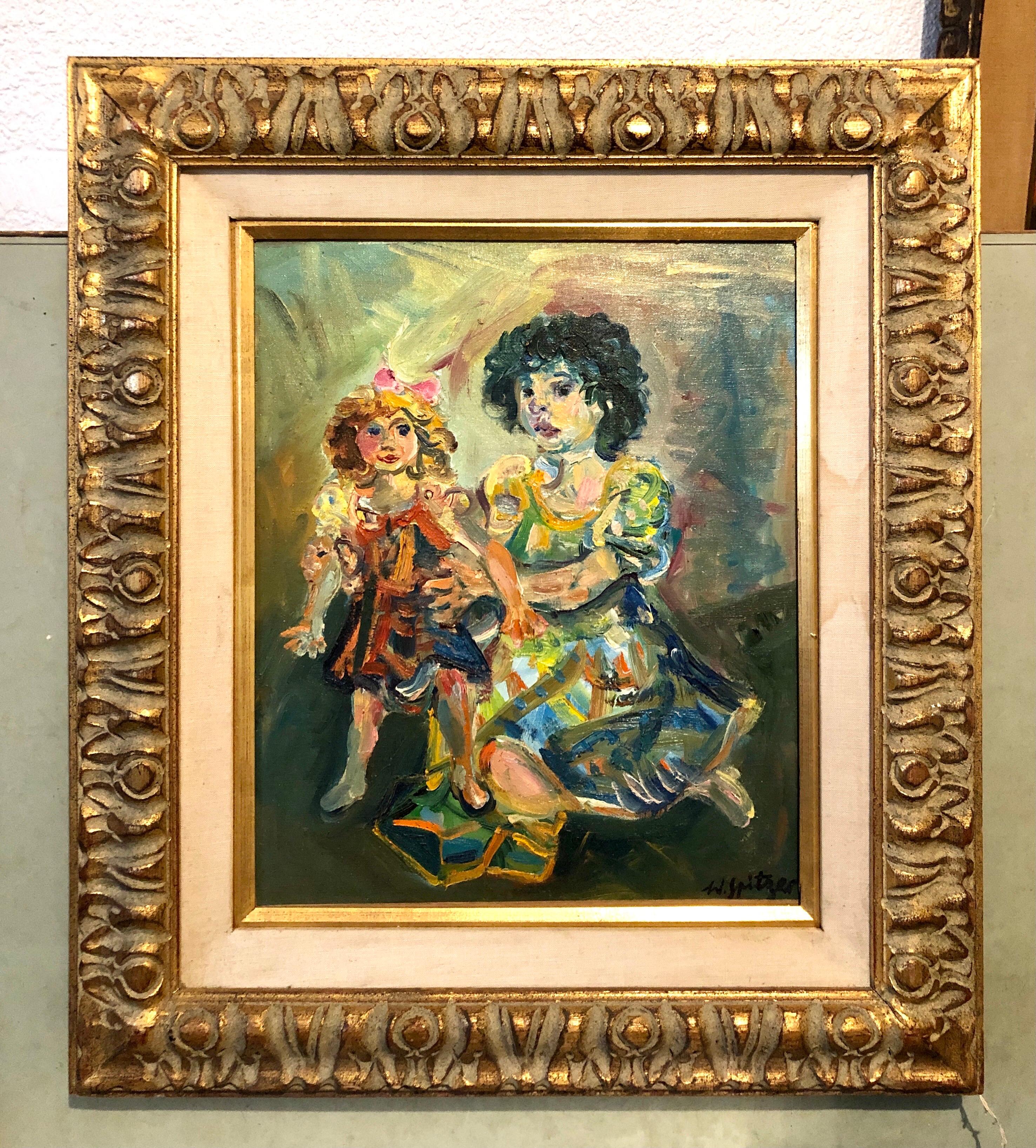 Peinture à l'huile d'une artiste juive française polonaise représentant une fille avec une poupée, école judaïque de Paris en vente 2