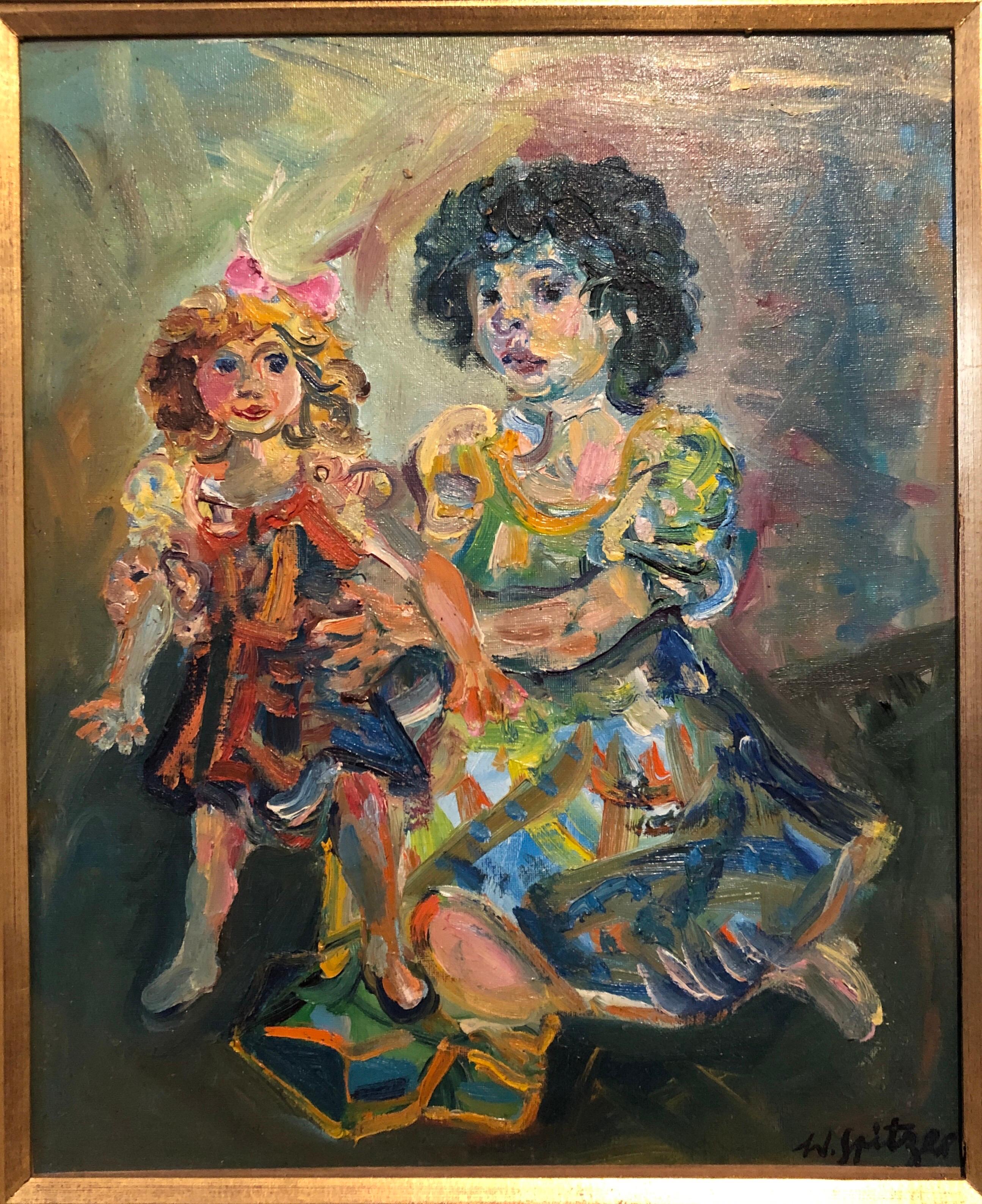 Peinture à l'huile d'une artiste juive française polonaise représentant une fille avec une poupée, école judaïque de Paris - Painting de Walter Spitzer