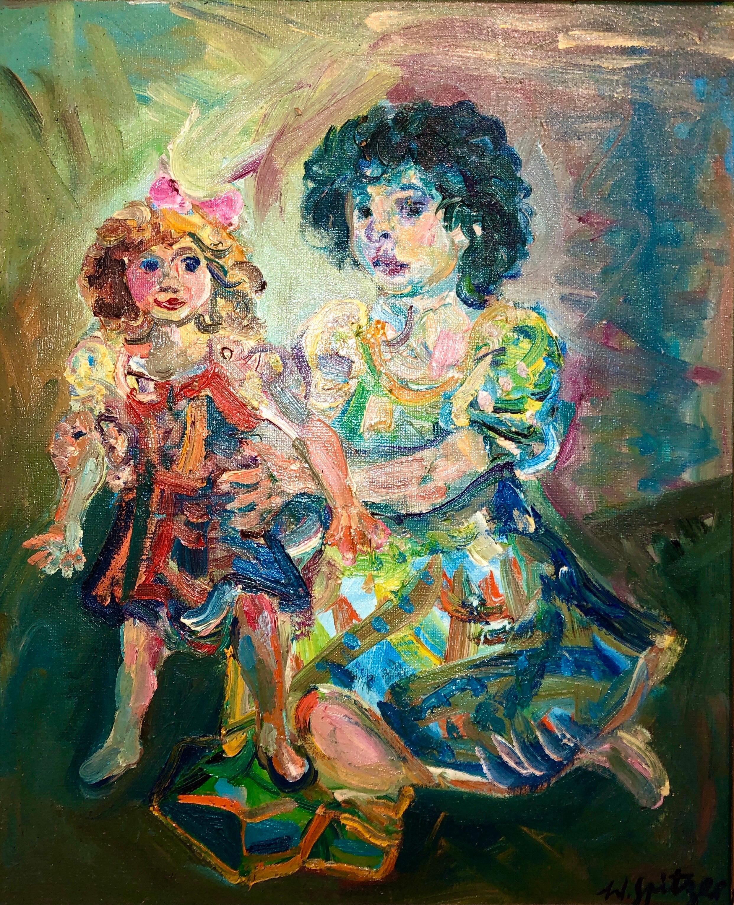 Artista ebreo francese polacco Dipinto a olio Ragazza con bambola, Scuola di Parigi Judaica - Painting Espressionista di Walter Spitzer