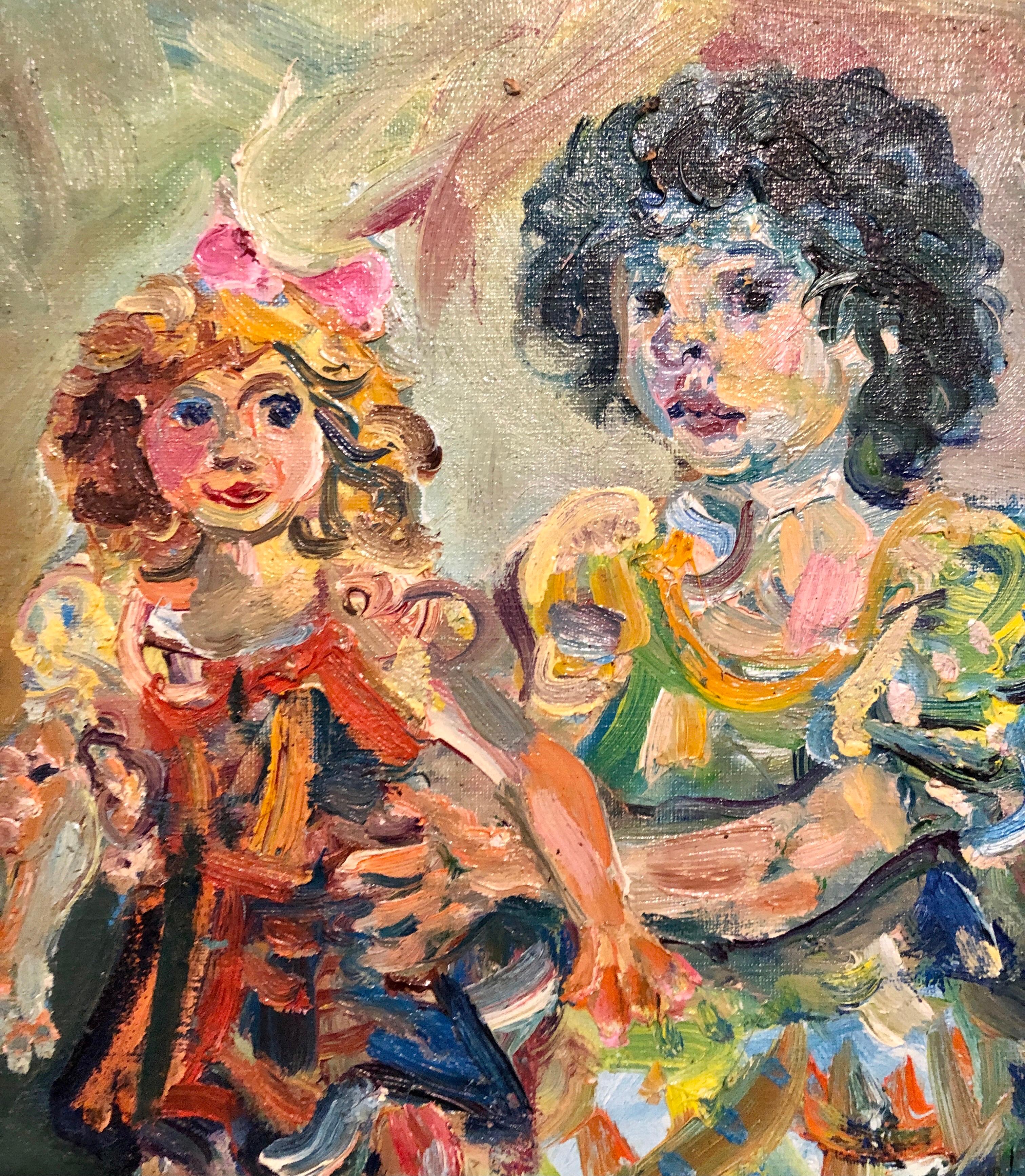 Artista ebreo francese polacco Dipinto a olio Ragazza con bambola, Scuola di Parigi Judaica - Figurative Painting Beige di Walter Spitzer