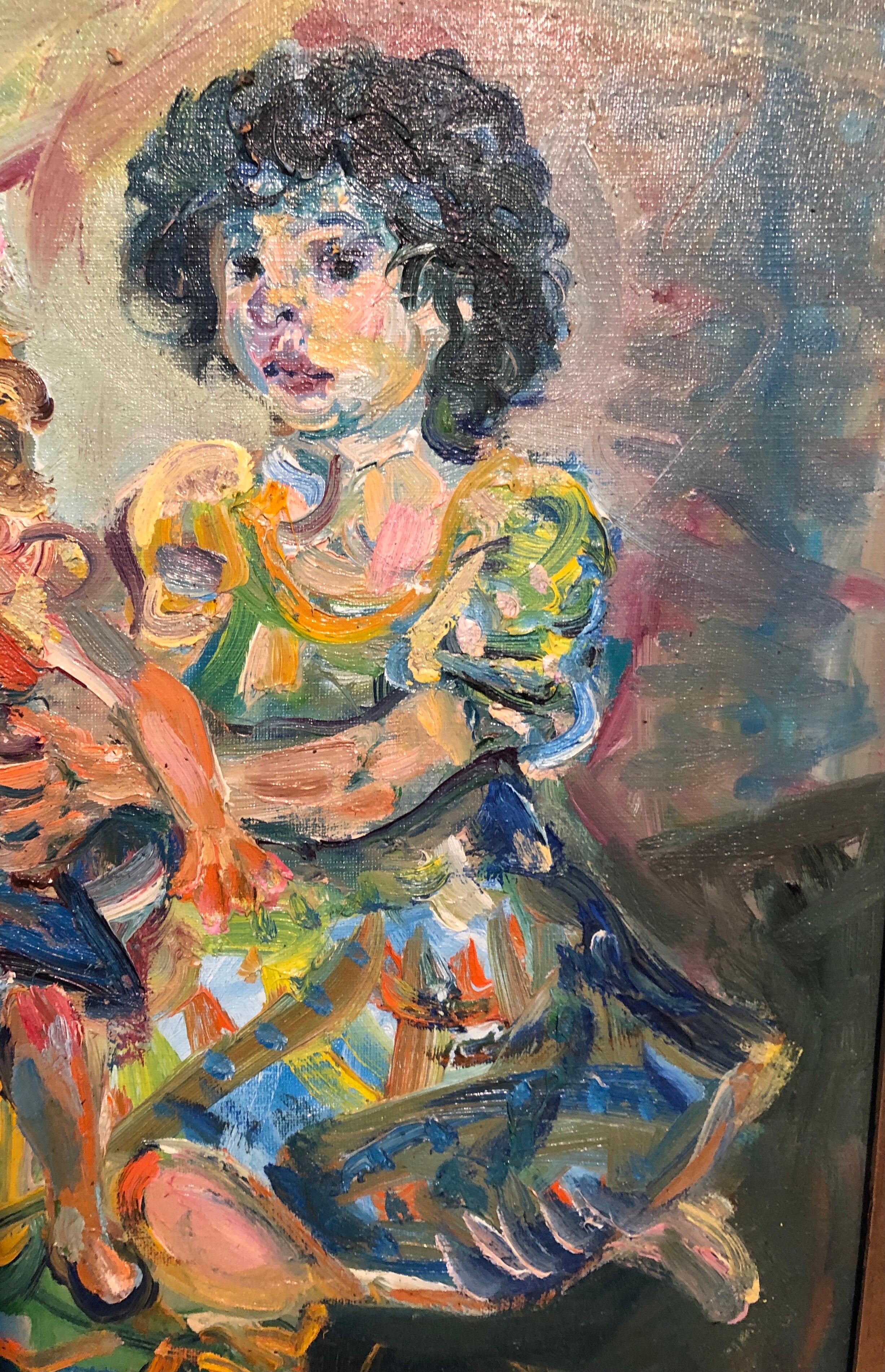 Artista ebreo francese polacco Dipinto a olio Ragazza con bambola, Scuola di Parigi Judaica in vendita 1