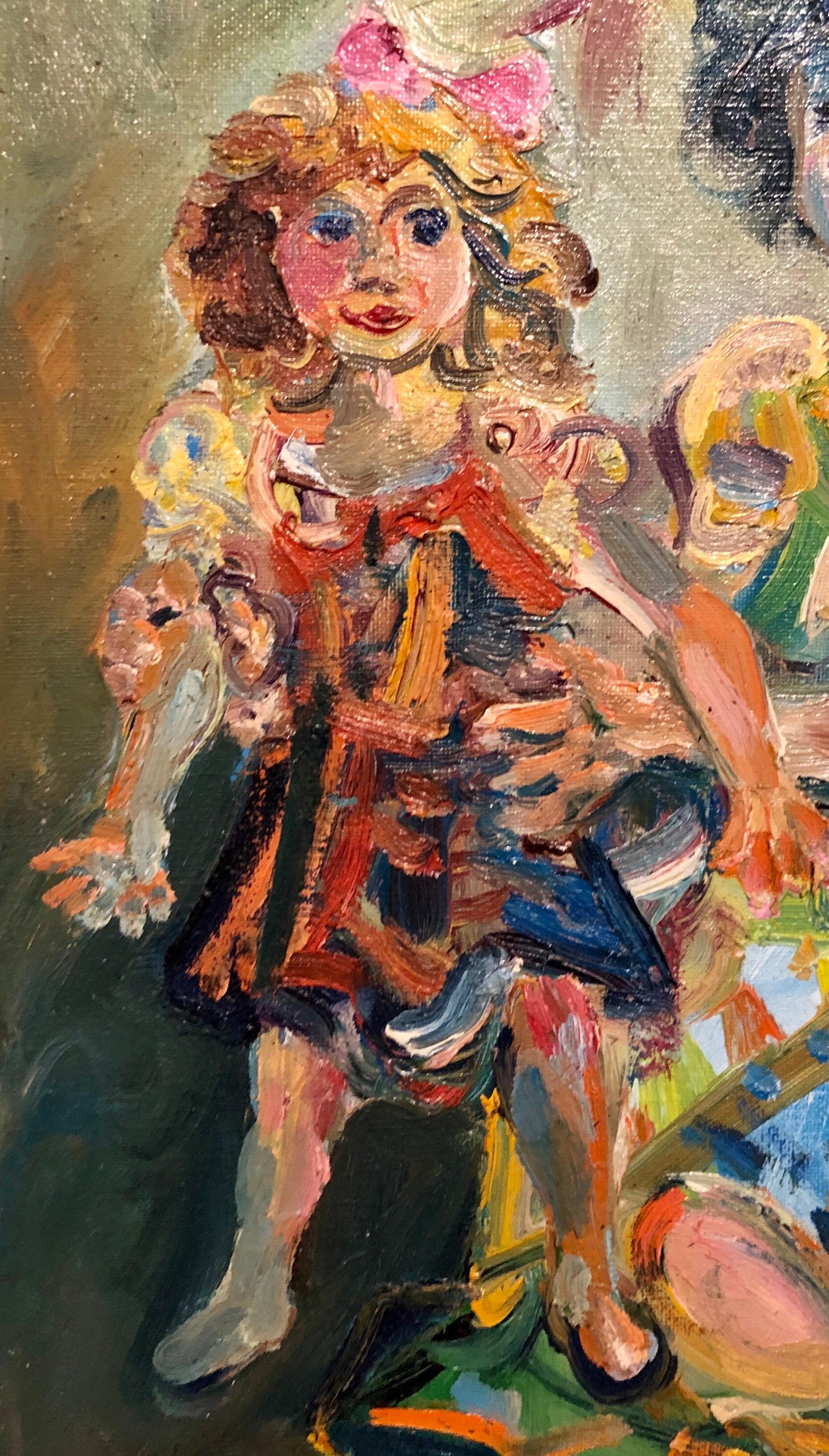 Peinture à l'huile d'une artiste juive française polonaise représentant une fille avec une poupée, école judaïque de Paris - Beige Interior Painting par Walter Spitzer