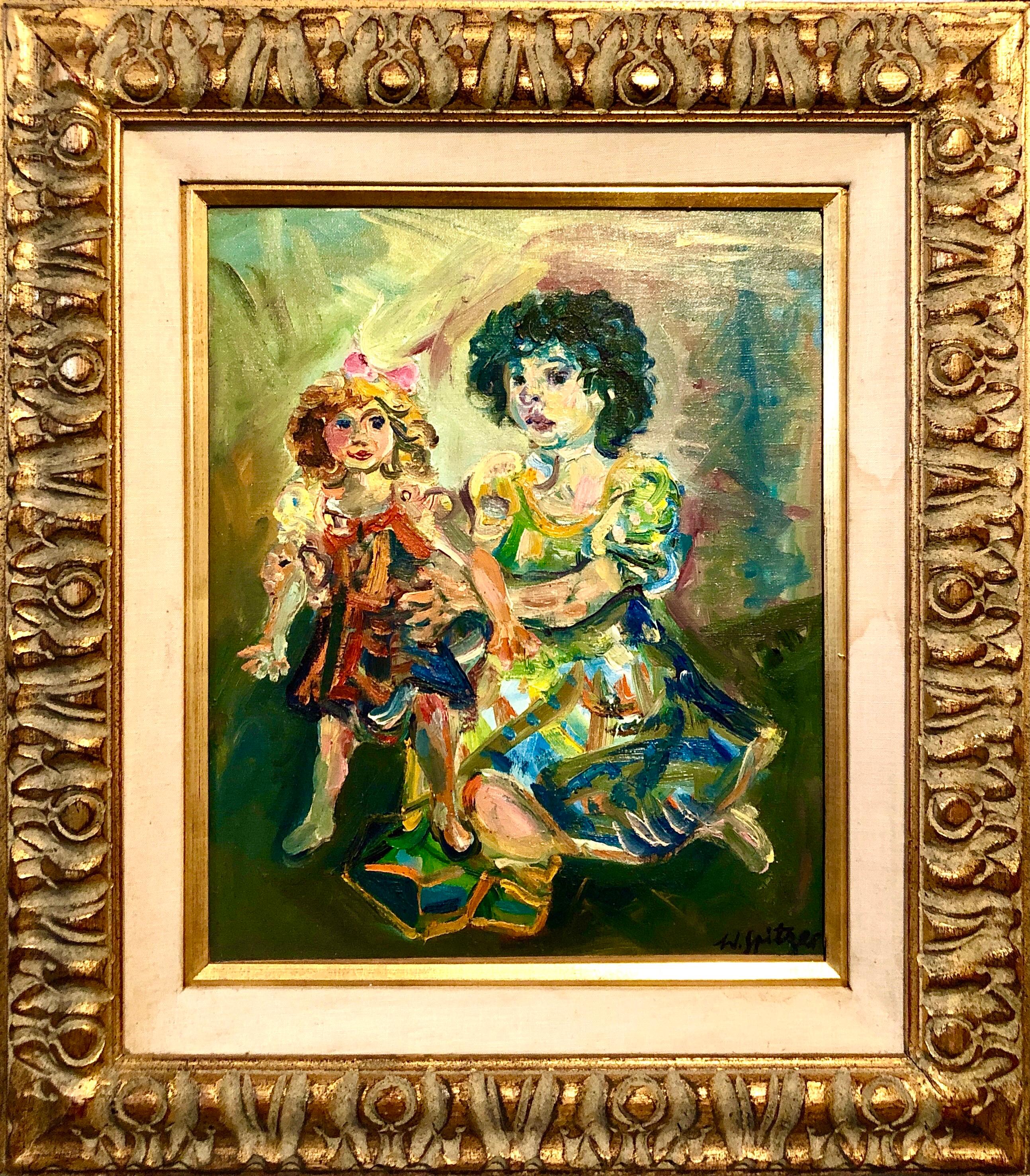 Figurative Painting di Walter Spitzer - Artista ebreo francese polacco Dipinto a olio Ragazza con bambola, Scuola di Parigi Judaica