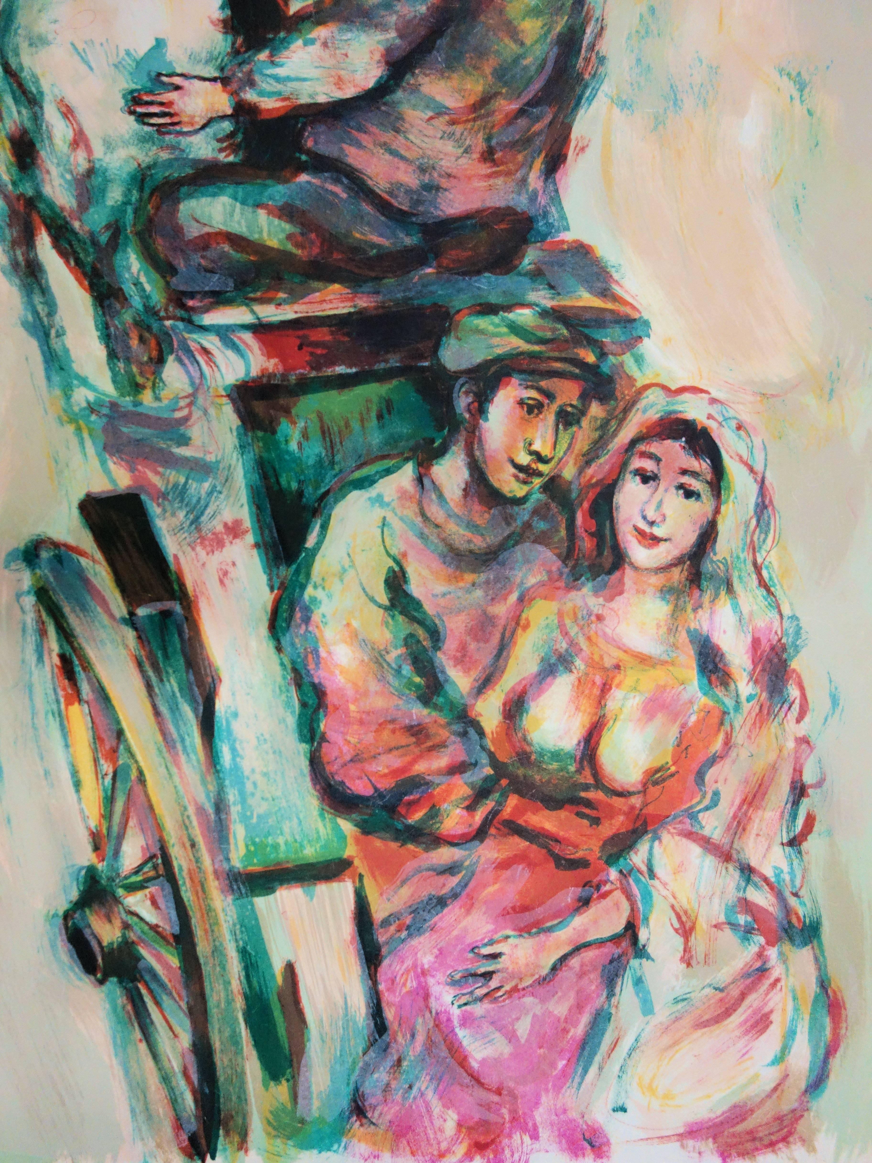 Lovers in a Carriage - Lithographie signée à la main /75 ex - Gris Figurative Print par Walter Spitzer