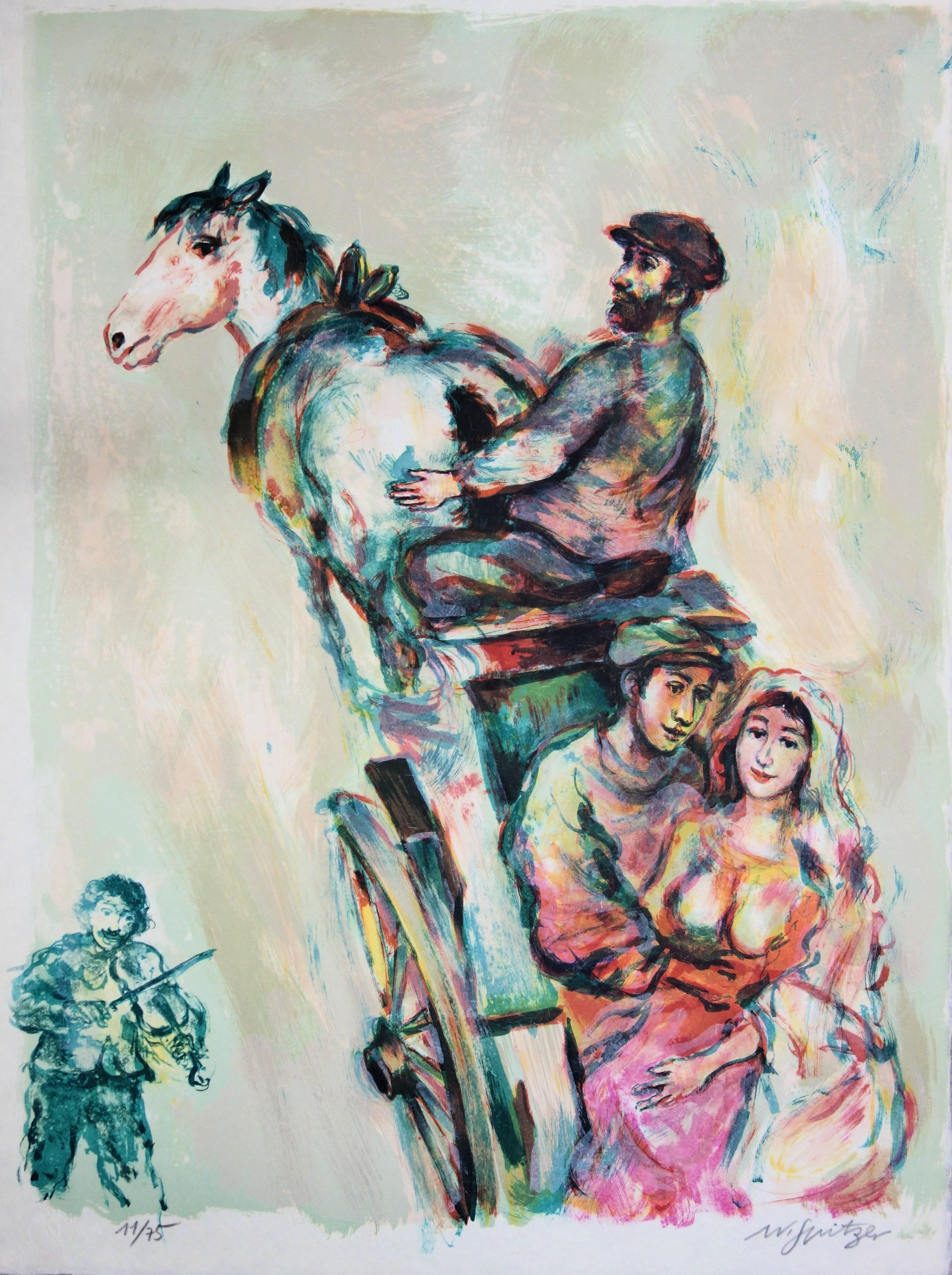 Figurative Print Walter Spitzer - Lovers in a Carriage - Lithographie signée à la main /75 ex