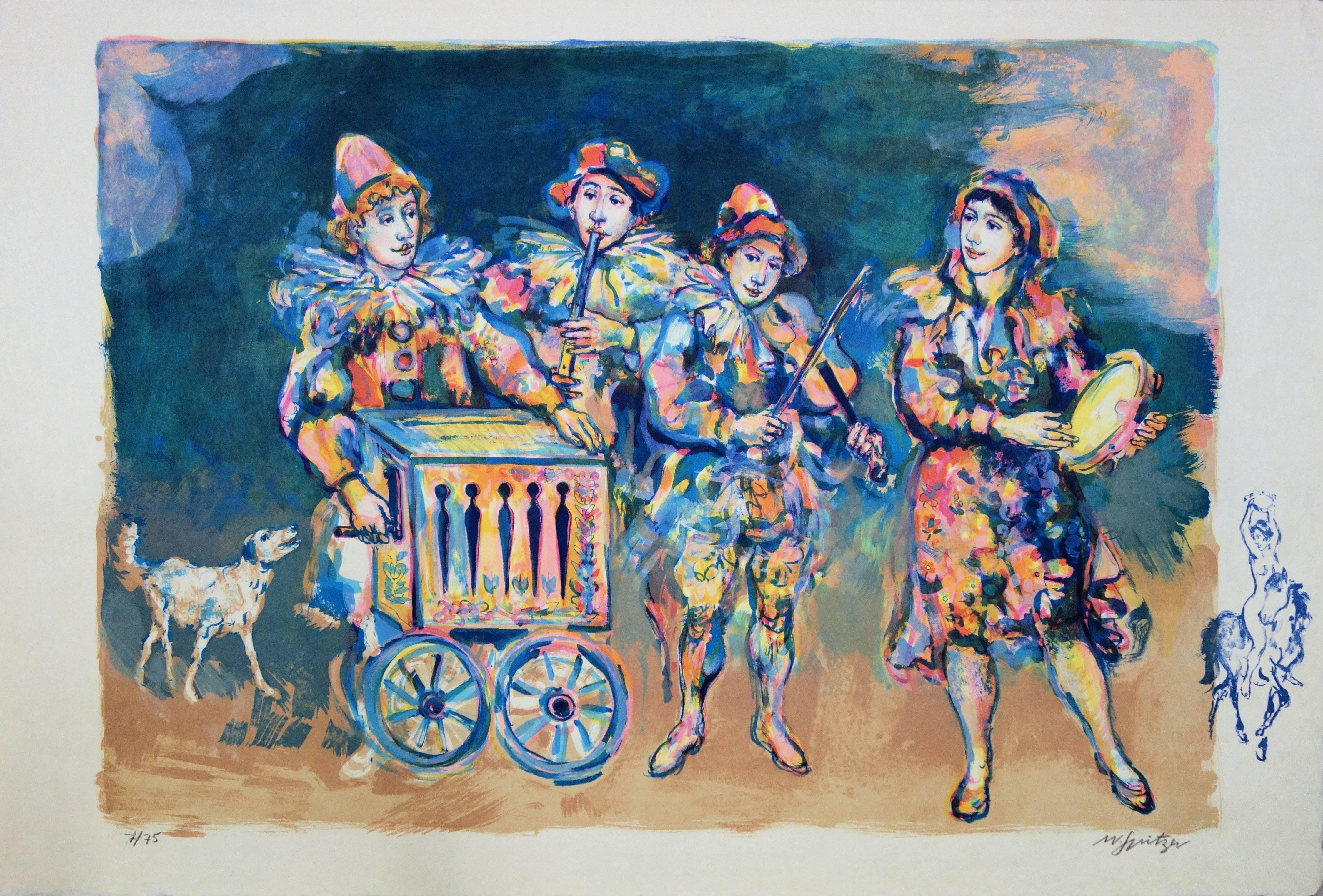 Walter Spitzer Figurative Print – Musikerhose - Handsignierte Lithographie /75 ex
