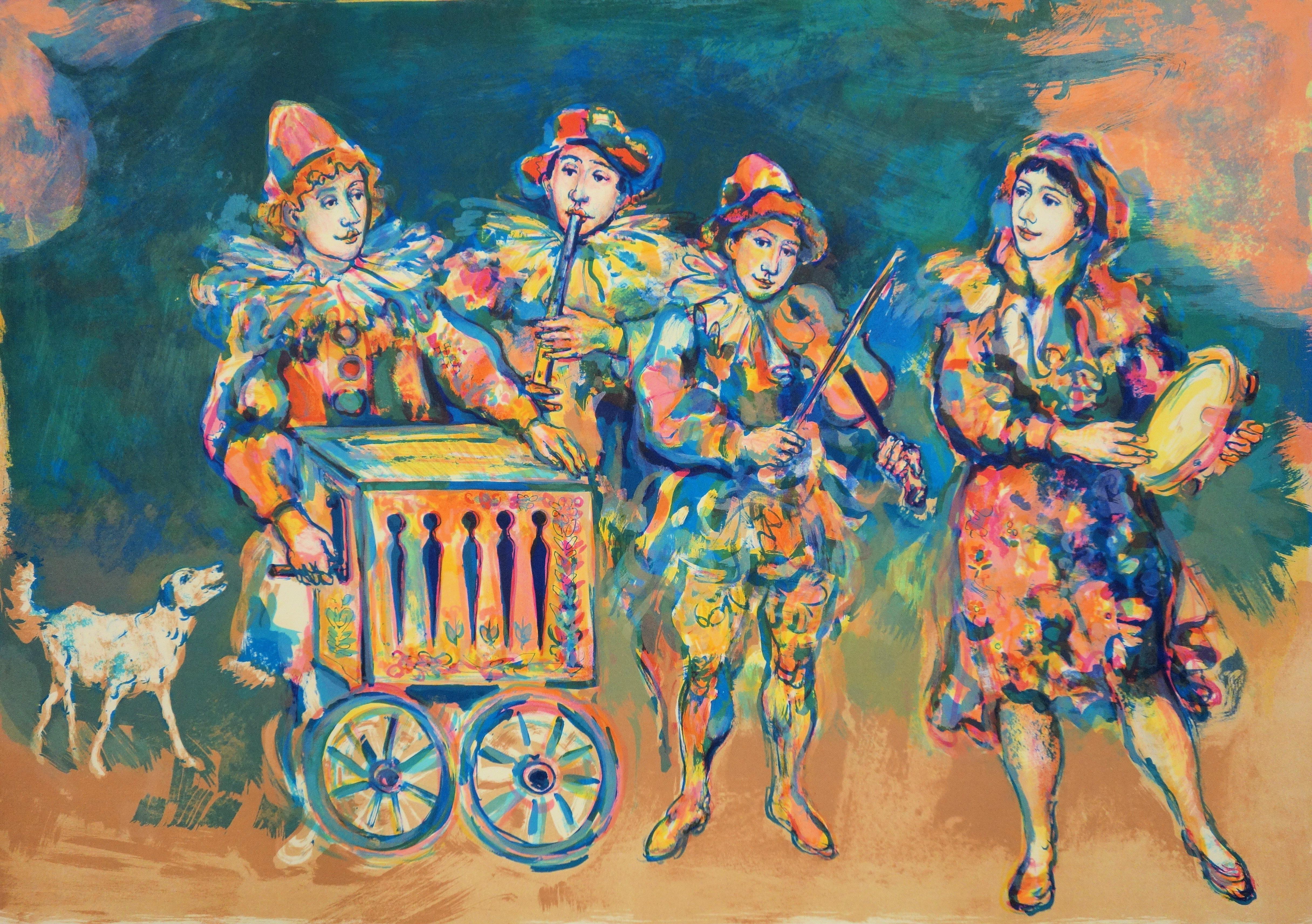 Musicians Troupe - Lithographie signée de sa main - Moderne Print par Walter Spitzer