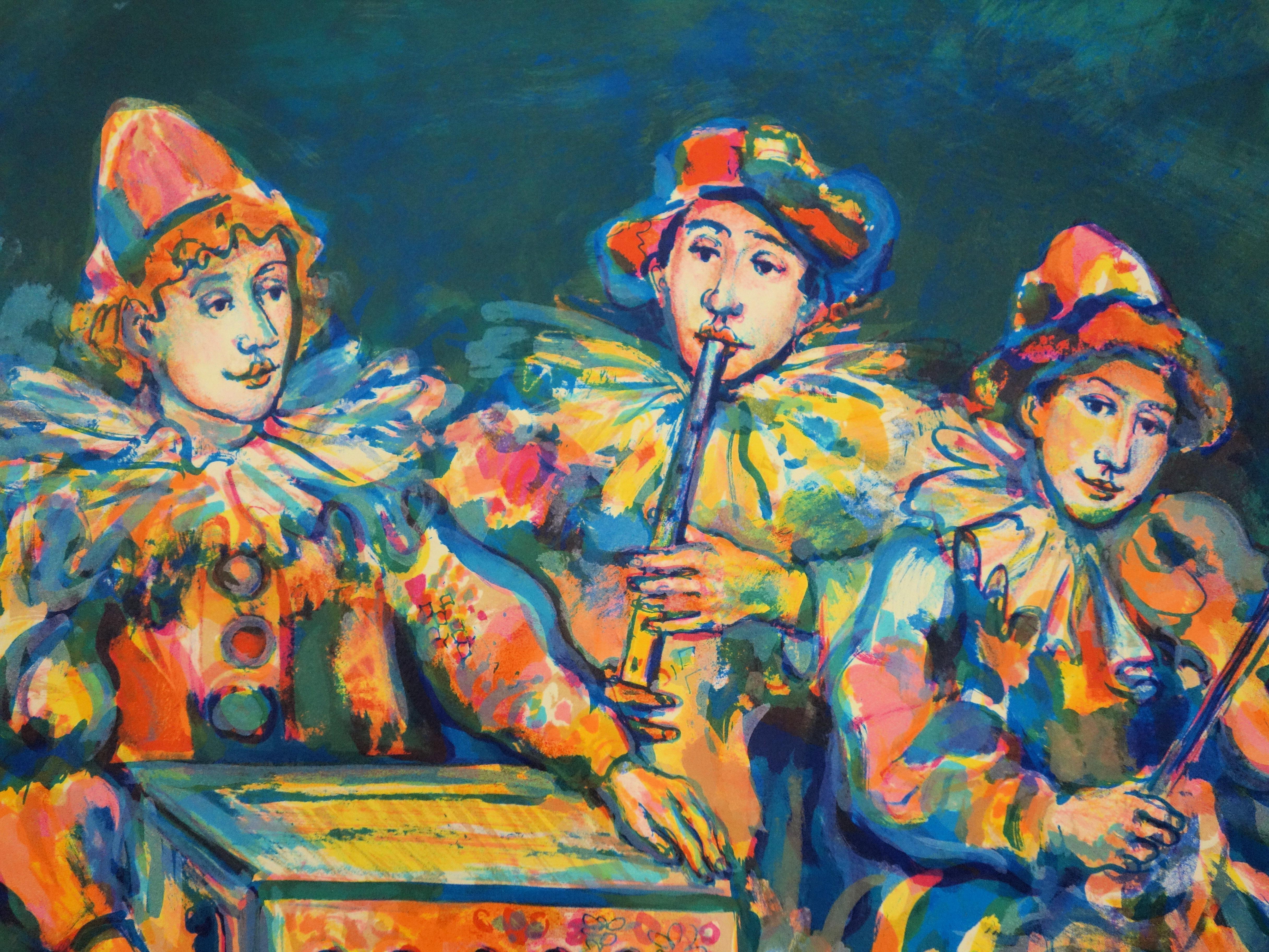 Musicians Troupe - Lithographie signée de sa main - Beige Figurative Print par Walter Spitzer