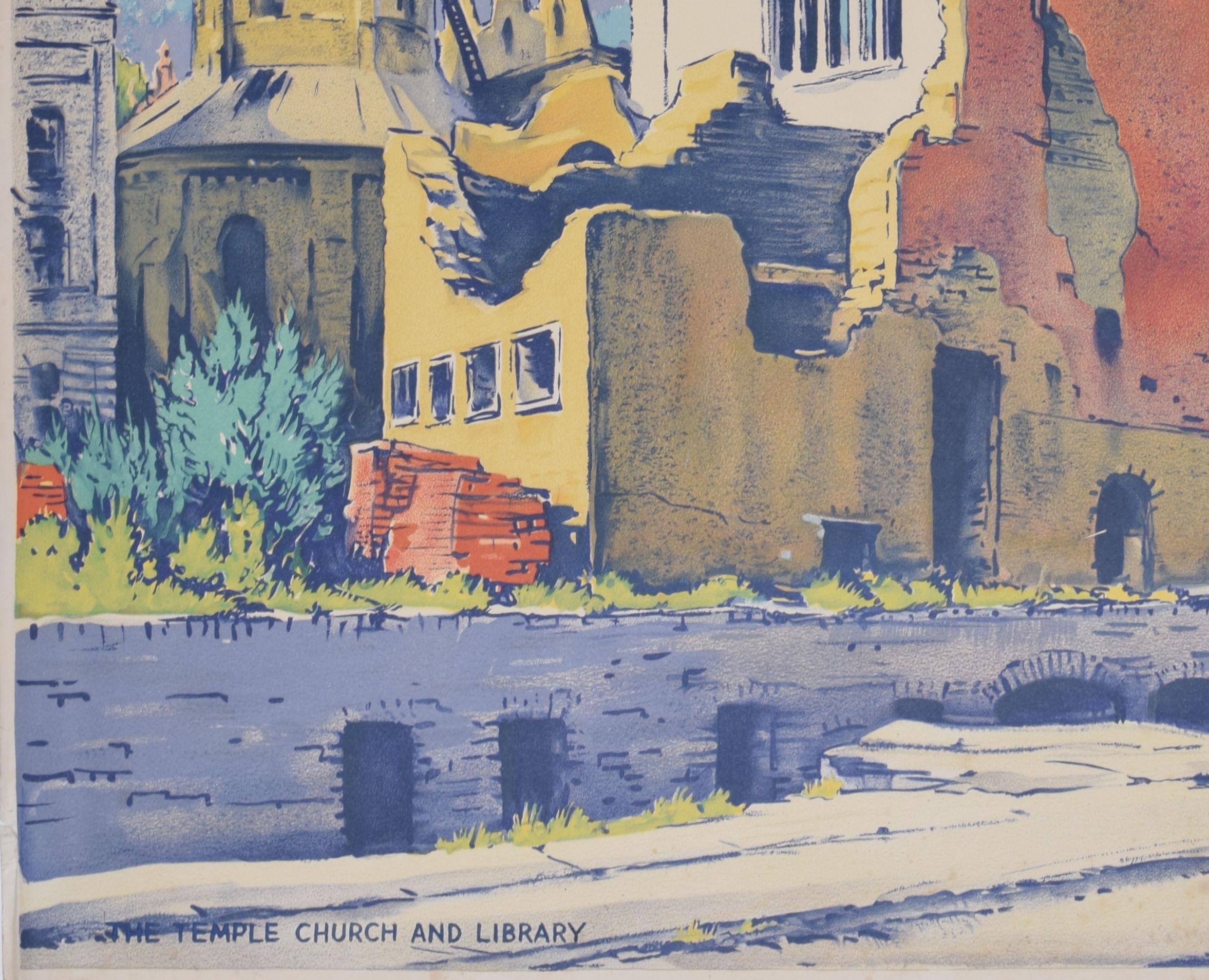 Temple Church and Library nach Bombardment-Lithographie von Walter Spradbery im Angebot 1