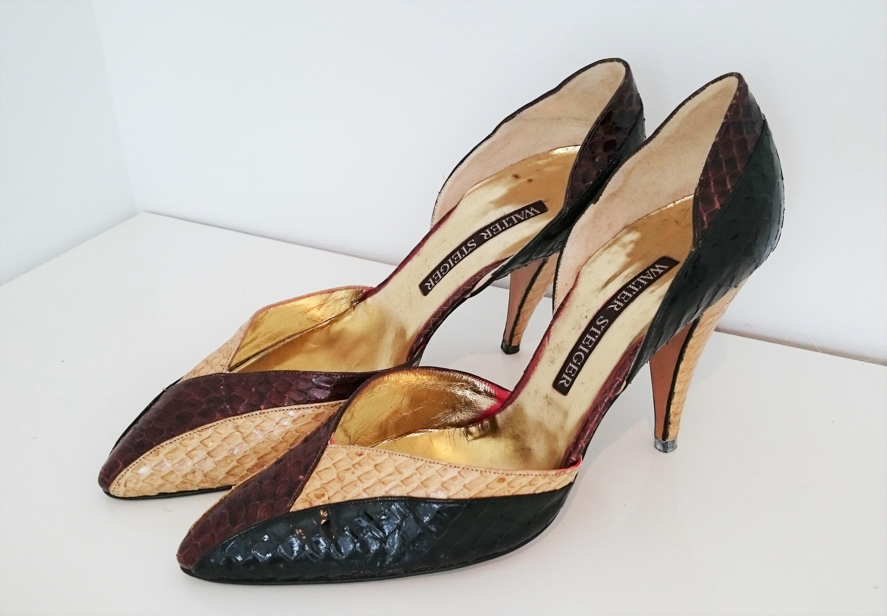 Walter Steiger Python Tricolor Heels. 
Colors: Brown Chocolate, Black and Beige Vanilla.
Conditions: Some wear signs insole and in the outside sole. But excellent conditions in the rest of the shoes.
Size 39 1/2 (EU)
Made in Italy