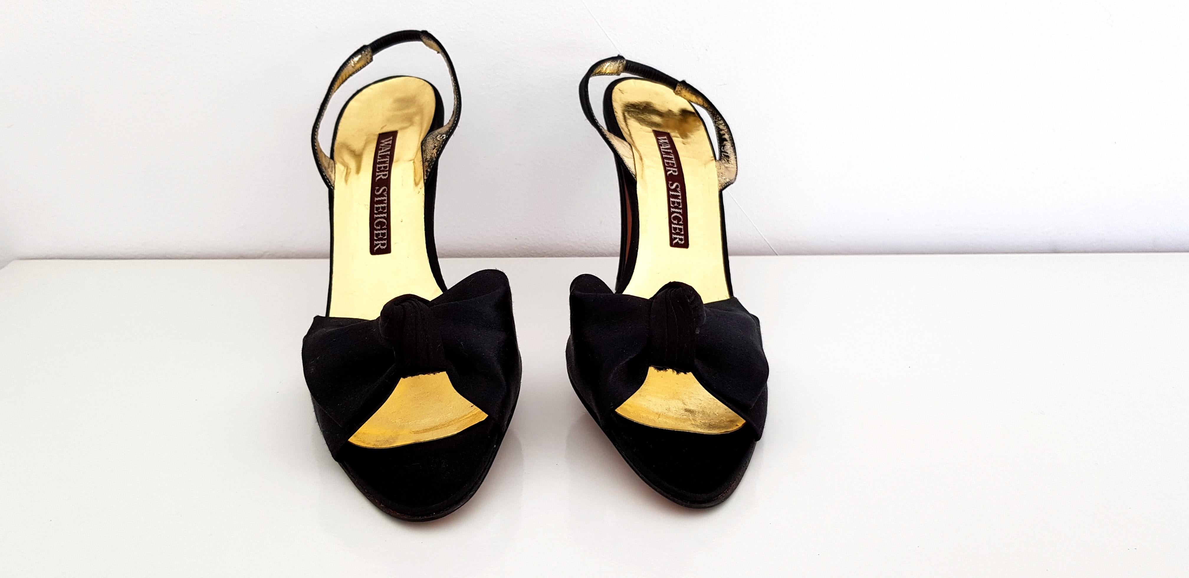 Walter Steiger  Black & Gold Heels
Lace material: Silk
Size: 39
Length: 23 cm
Width: 8.5 cm
Heels height: 10 cm
Never worn, NEW.
Made in Italy
