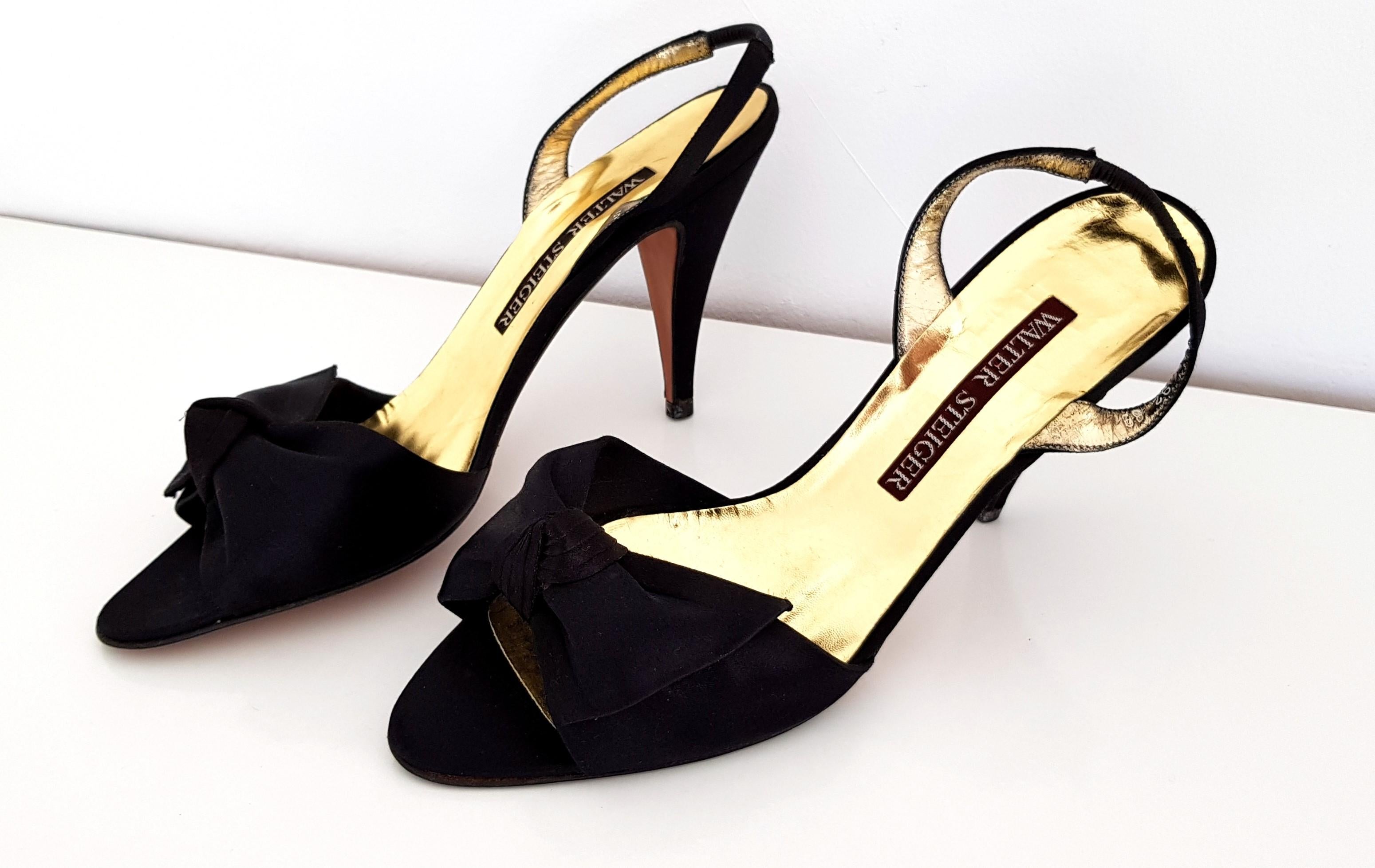 Walter Steiger Silk Black & Gold Heels - NEW - Size 39 For Sale 1