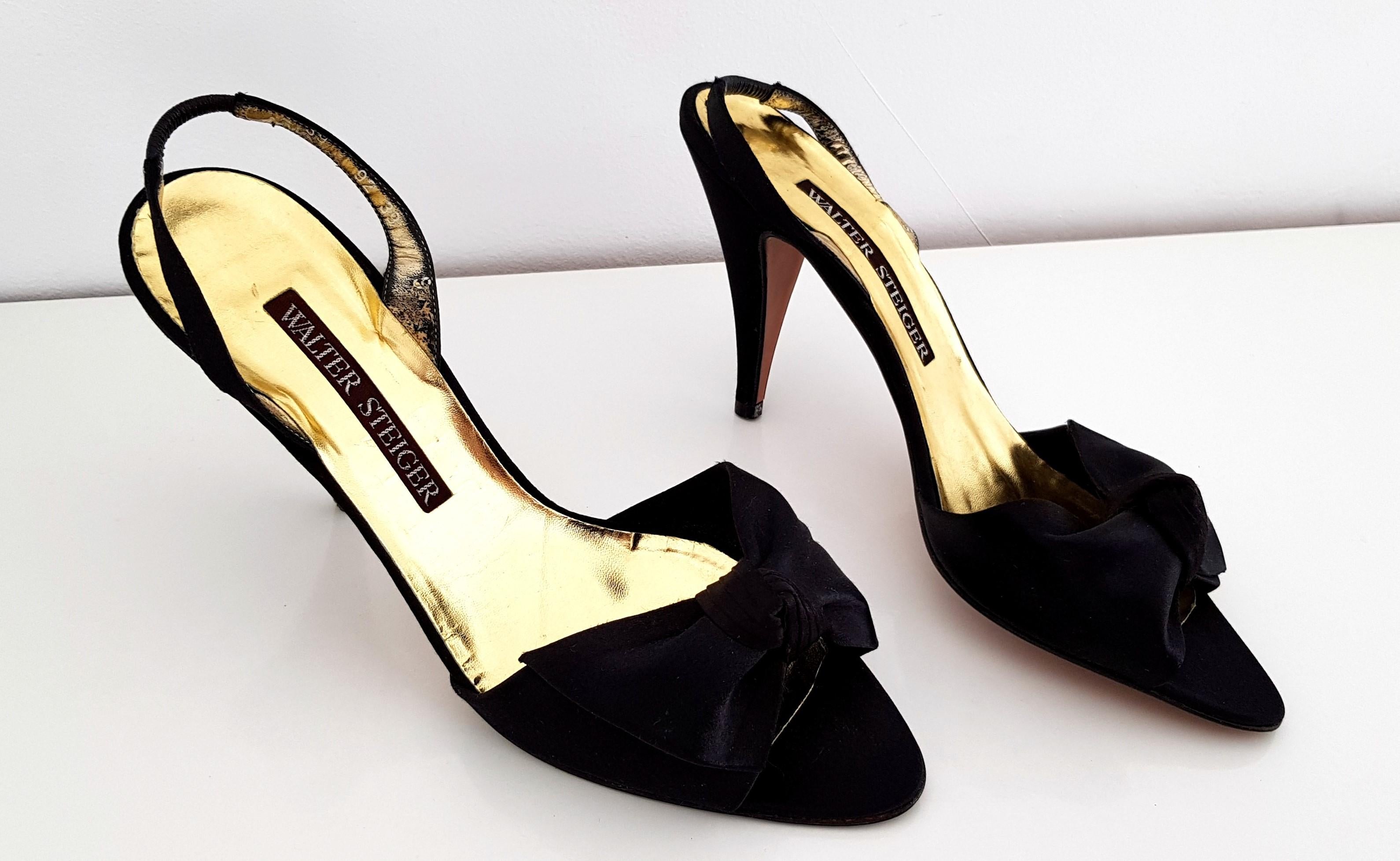 Walter Steiger Silk Black & Gold Heels - NEW - Size 39 For Sale 2