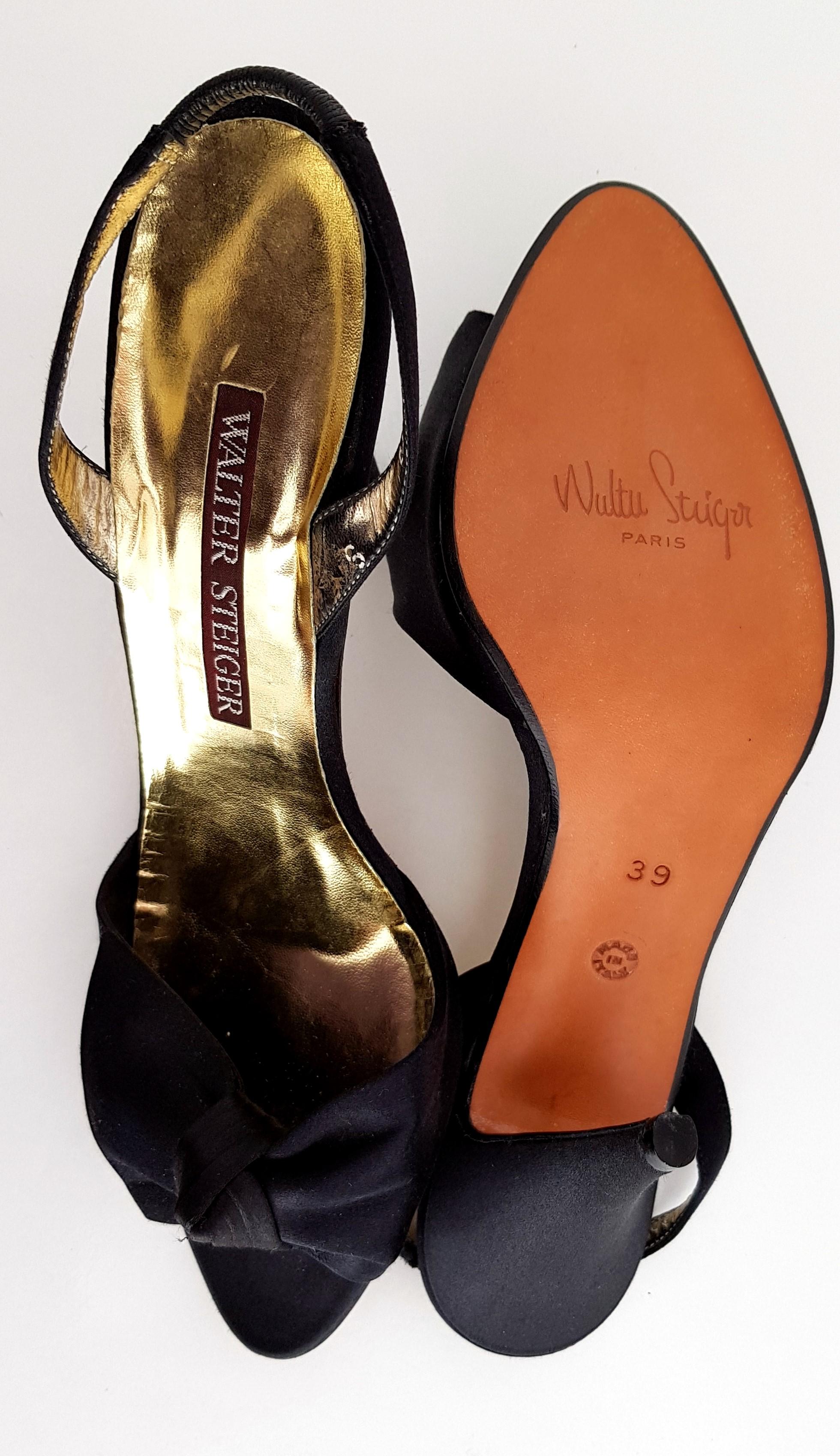 Walter Steiger Silk Black & Gold Heels - NEW - Size 39 For Sale 4