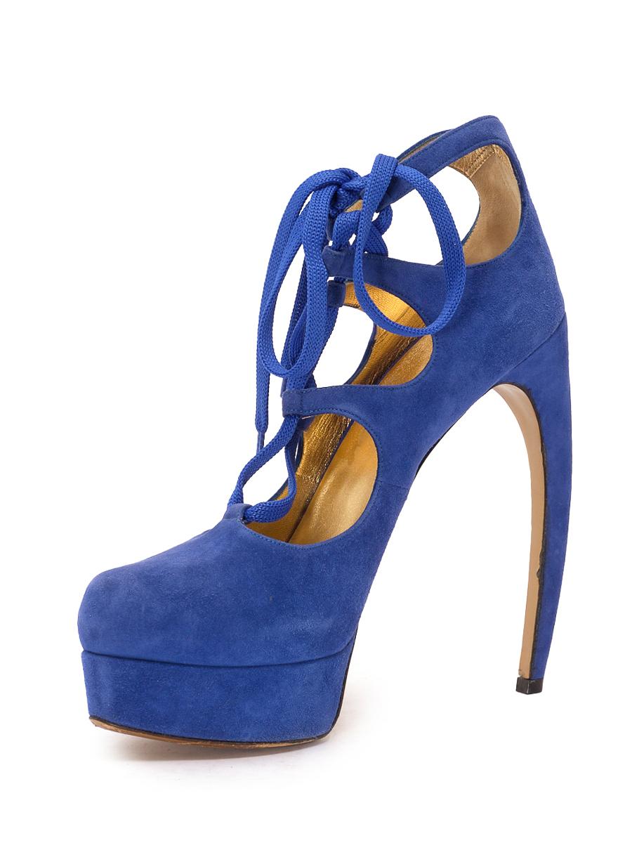 CONDITION is Very good .  Hardly any wear to shoes is evident on this used Walter Steiger designer resale item.   Details  Blue Suede Lace up fastening High Heel Brand name on inner and outer soles    Made in France    Composition EXTERIOR: Suede 