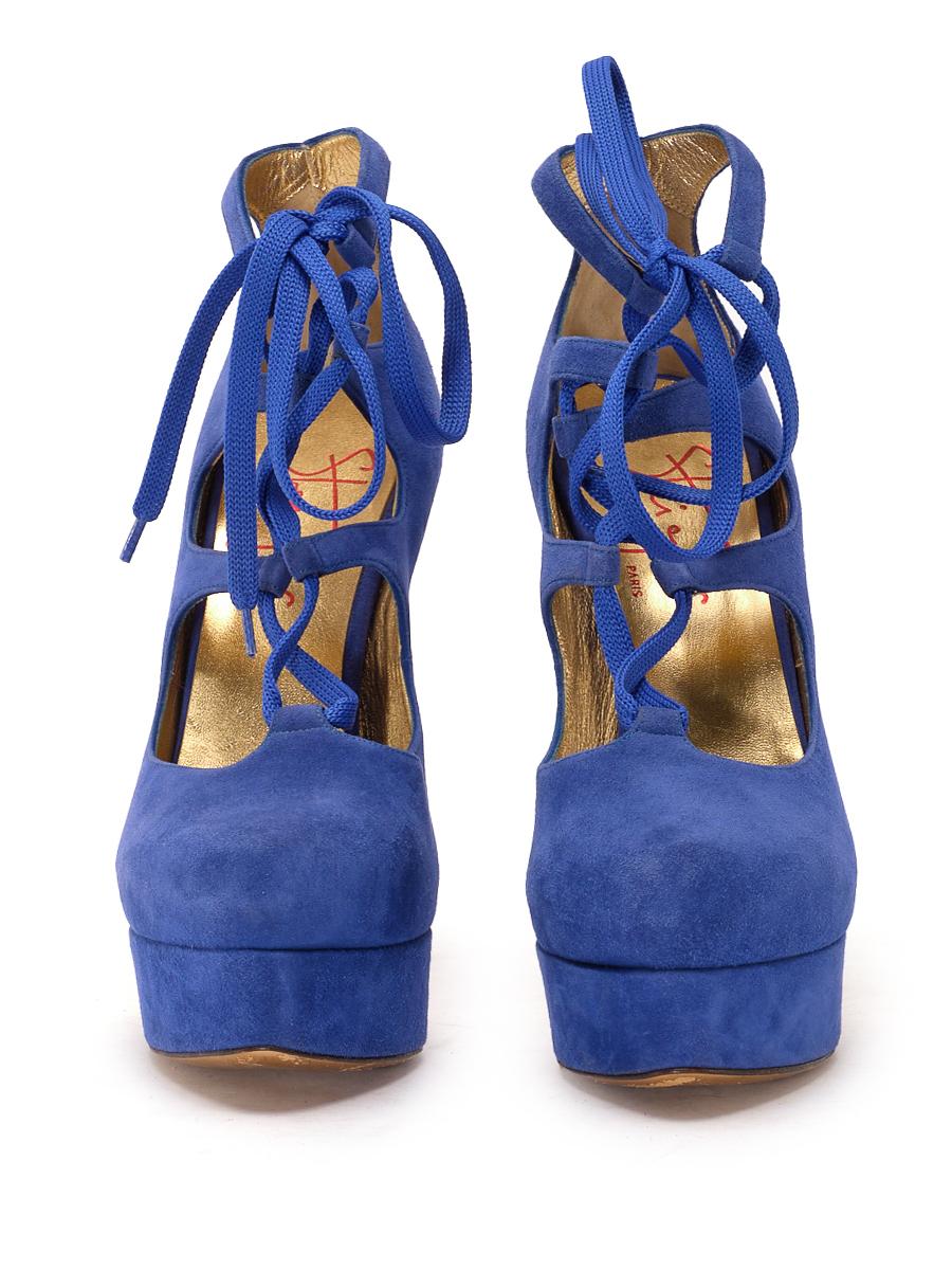 Walter Steiger Women's Blue Suede Ghillie Lace-Up Heel In Good Condition For Sale In London, GB
