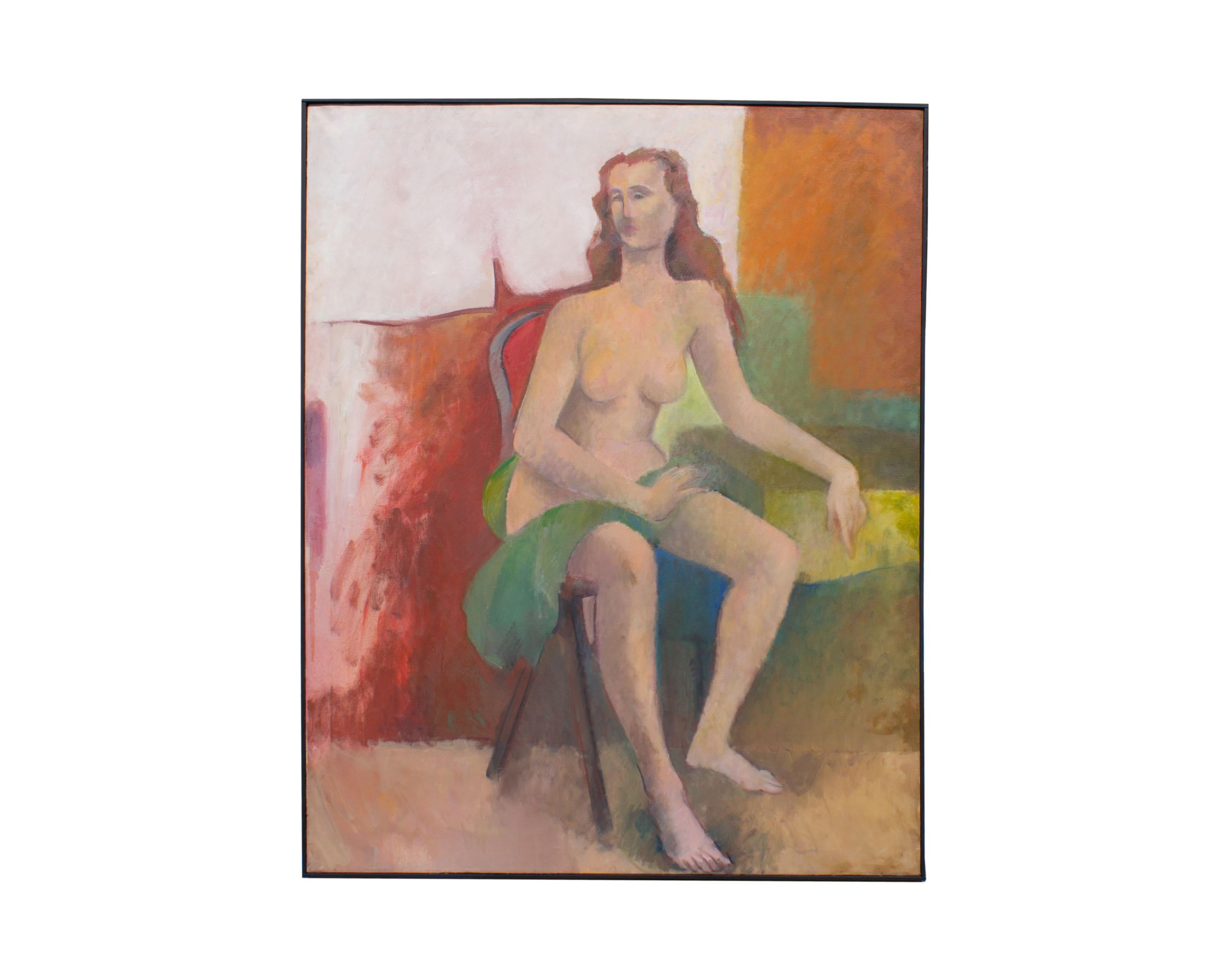 A 1959 abstract oil on canvas painting by the American artist Walter Stomps (1929-2020). Titled Seated Nude, the painting depicts a seated nude female figure with wavy brown-red sitting on a bentwood chair. To the back of the figure fades an