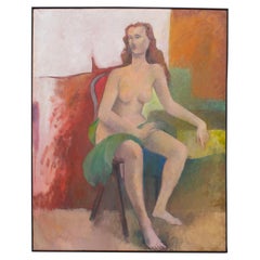 Retro Walter Stomps Signed 1959 “Seated Nude” Oil on Canvas Abstract Painting