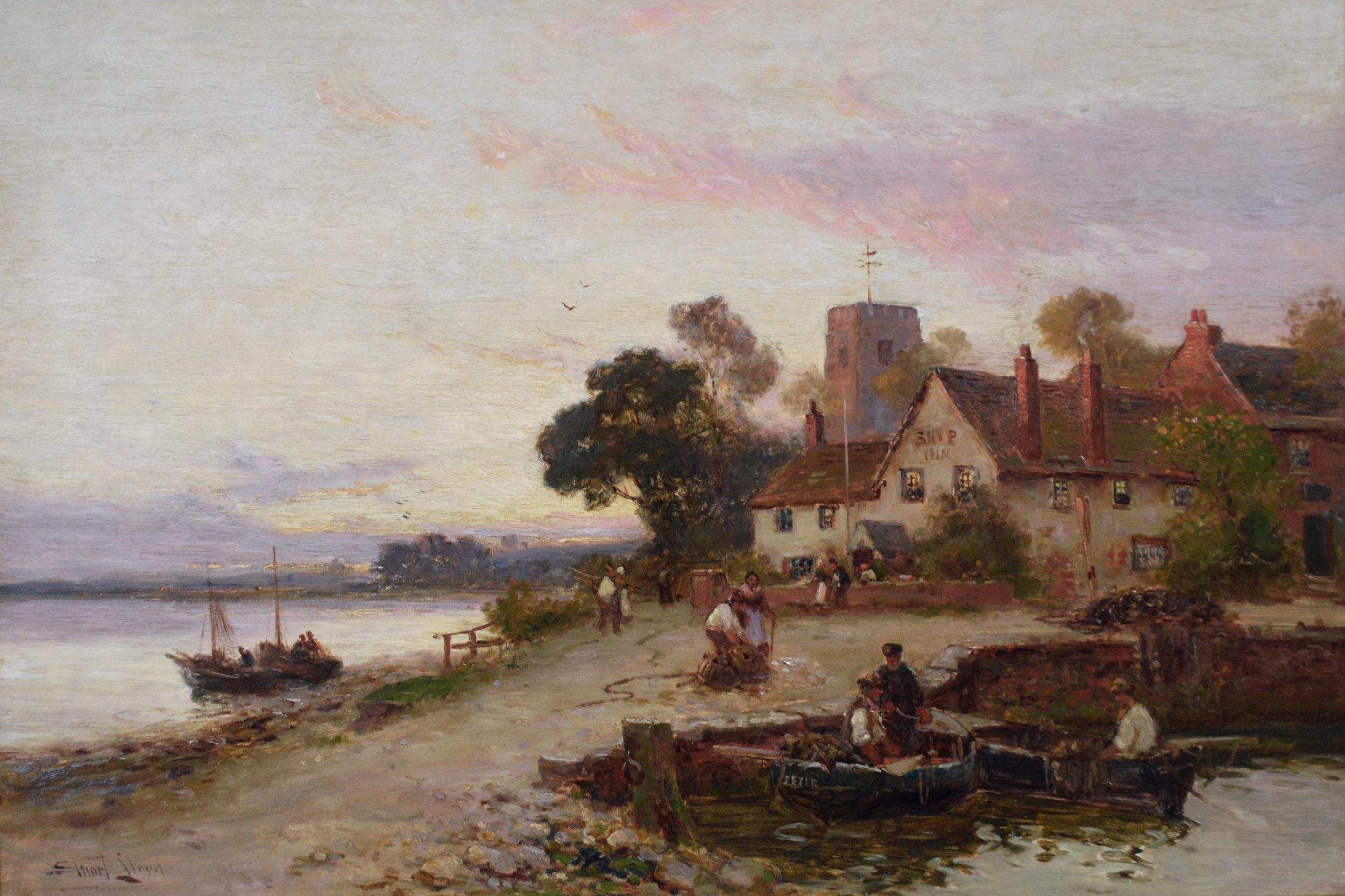 19th Century river landscape oil painting of an Inn by a river  - Painting by Walter Stuart Lloyd