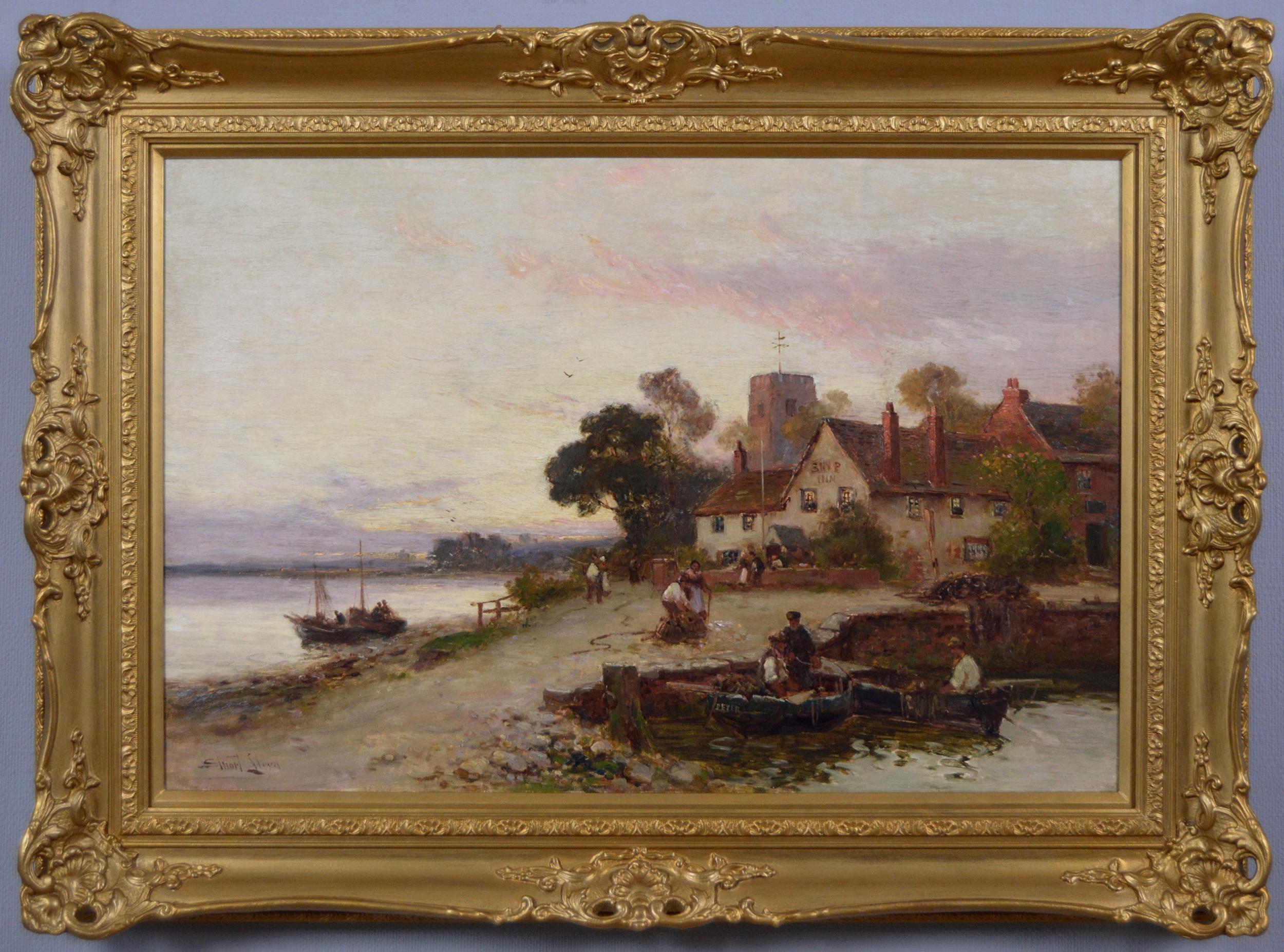 Walter Stuart Lloyd Landscape Painting - 19th Century river landscape oil painting of an Inn by a river 