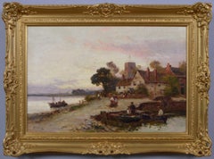 19th Century river landscape oil painting of an Inn by a river 