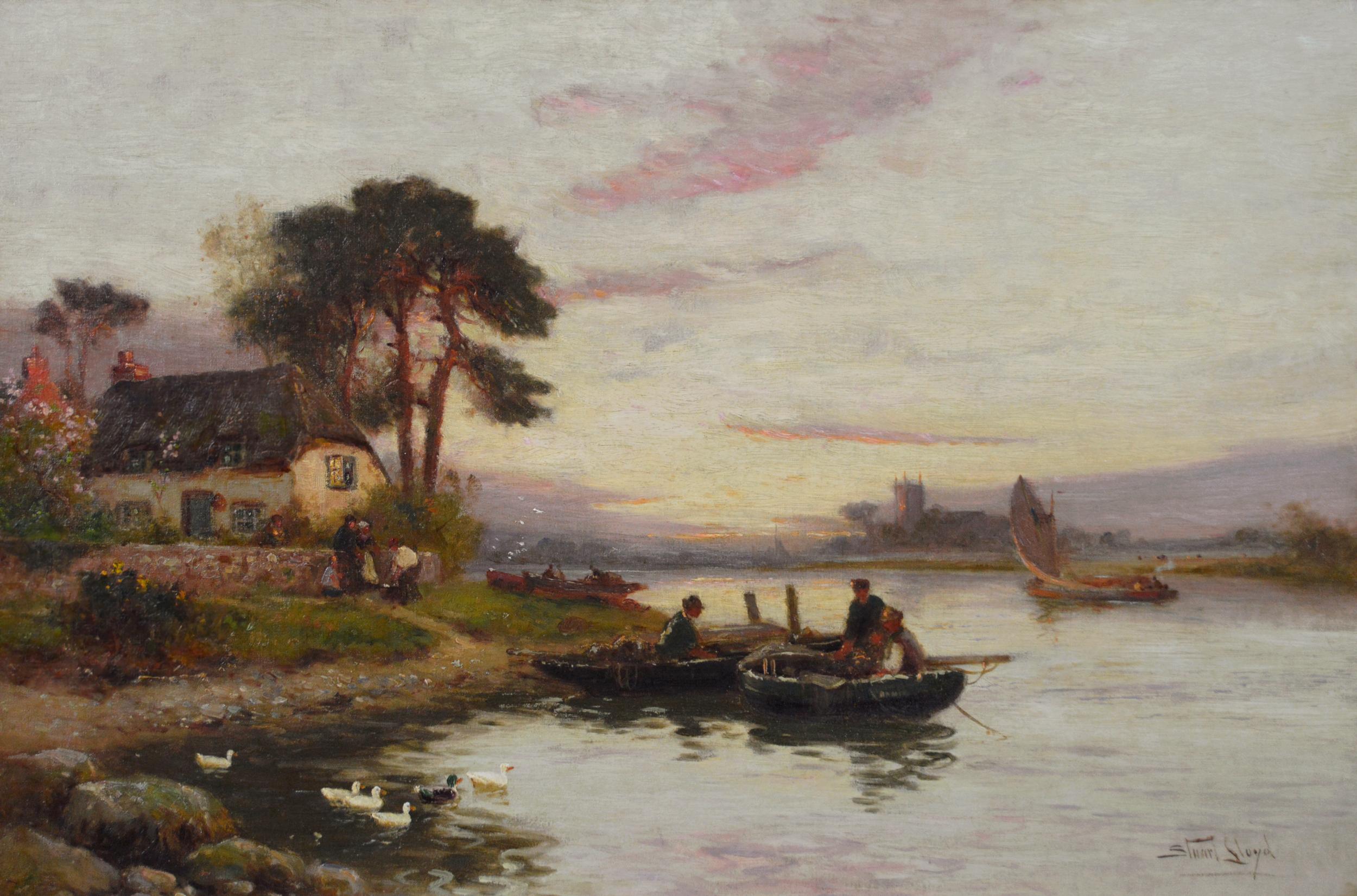 19th Century river landscape oil painting of boats on a river  - Painting by Walter Stuart Lloyd