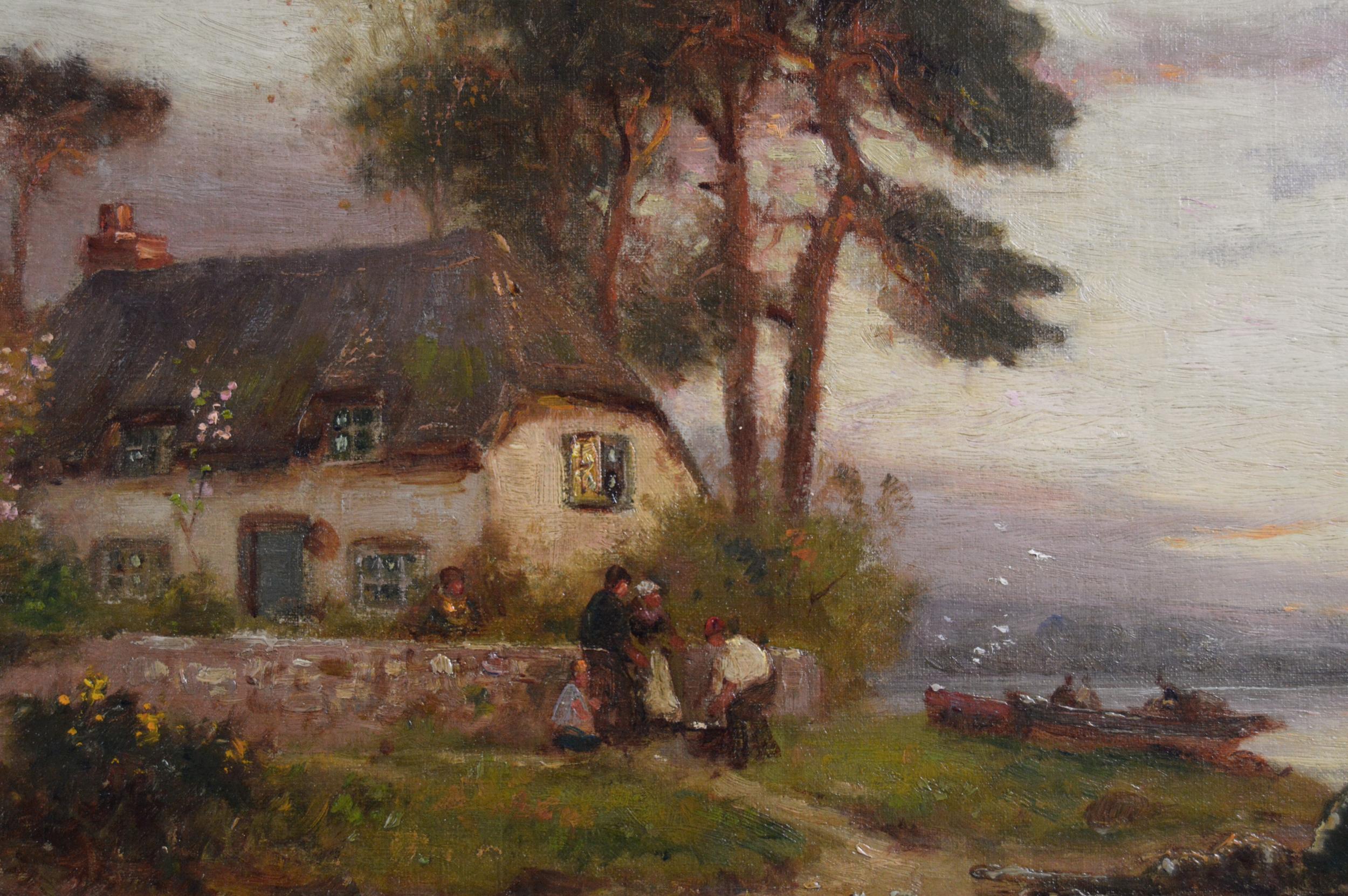 Flusslandschaft, Ölgemälde des 19. Jahrhunderts mit Booten auf einem Fluss im Angebot 1