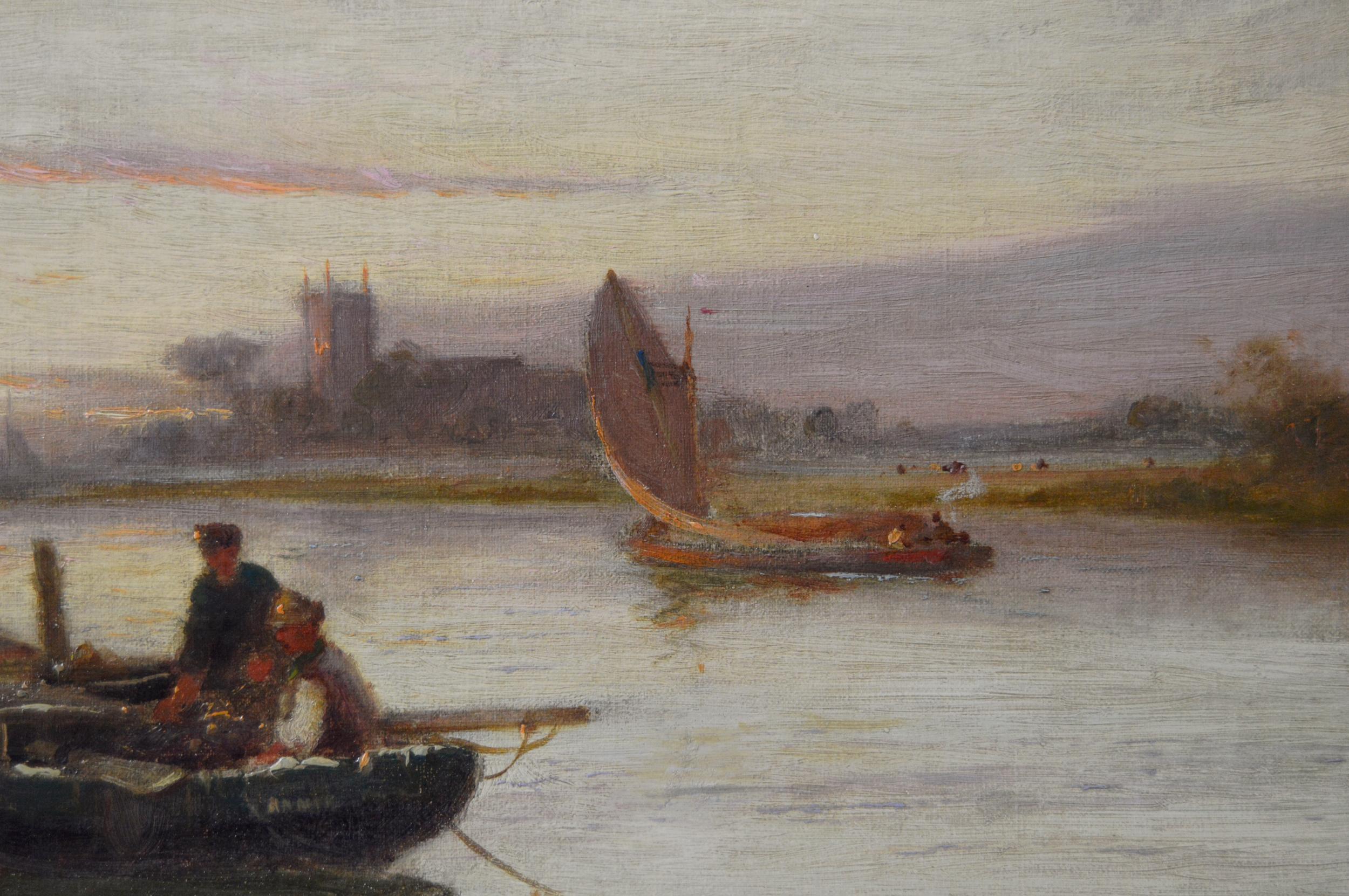 19th Century river landscape oil painting of boats on a river  - Victorian Painting by Walter Stuart Lloyd