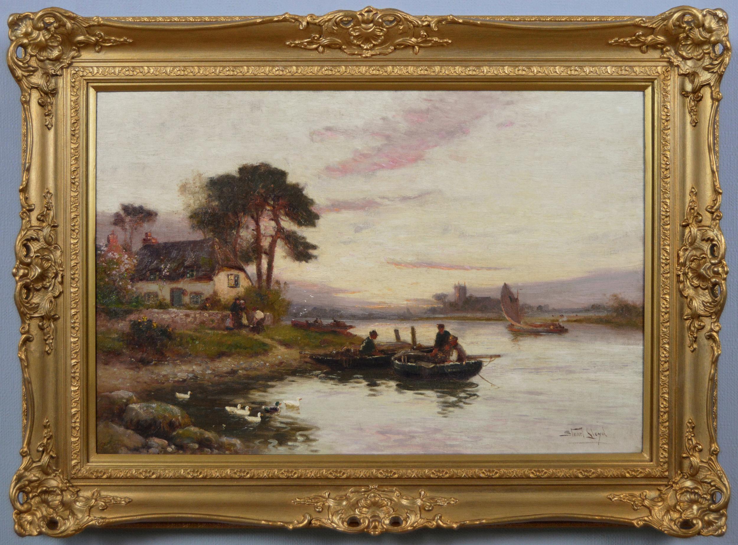19th Century river landscape oil painting of boats on a river 