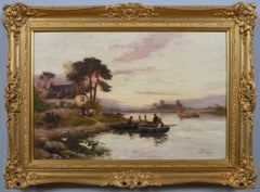 Antique 19th Century river landscape oil painting of boats on a river 