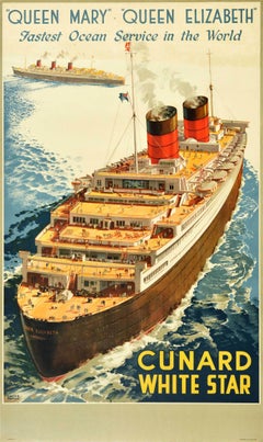 Affiche vintage d'origine Queen Mary Queen Elizabeth Cunard avec doublure d'océan à étoiles blanches