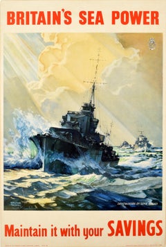 Affiche vintage d'origine de la Seconde Guerre mondiale - Britain's Sea Power Savings - Navy Ship WWII