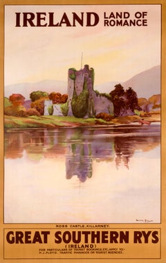 Antique "Ireland Land Of Romance - Ross Castle, Killarney" Original Railroad Poster
