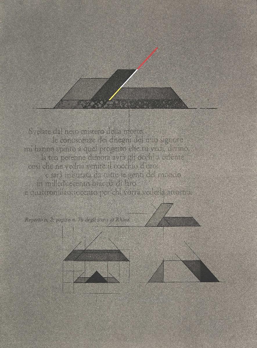 Geometric composition is an original lithograph realized by the contemporary artist Walter Valentini

With the description in Italian from Rhind excavations papyrus: "Reperto n.2: papiro n. 7b degli scavi di Rhind"

Good conditions.

Walter