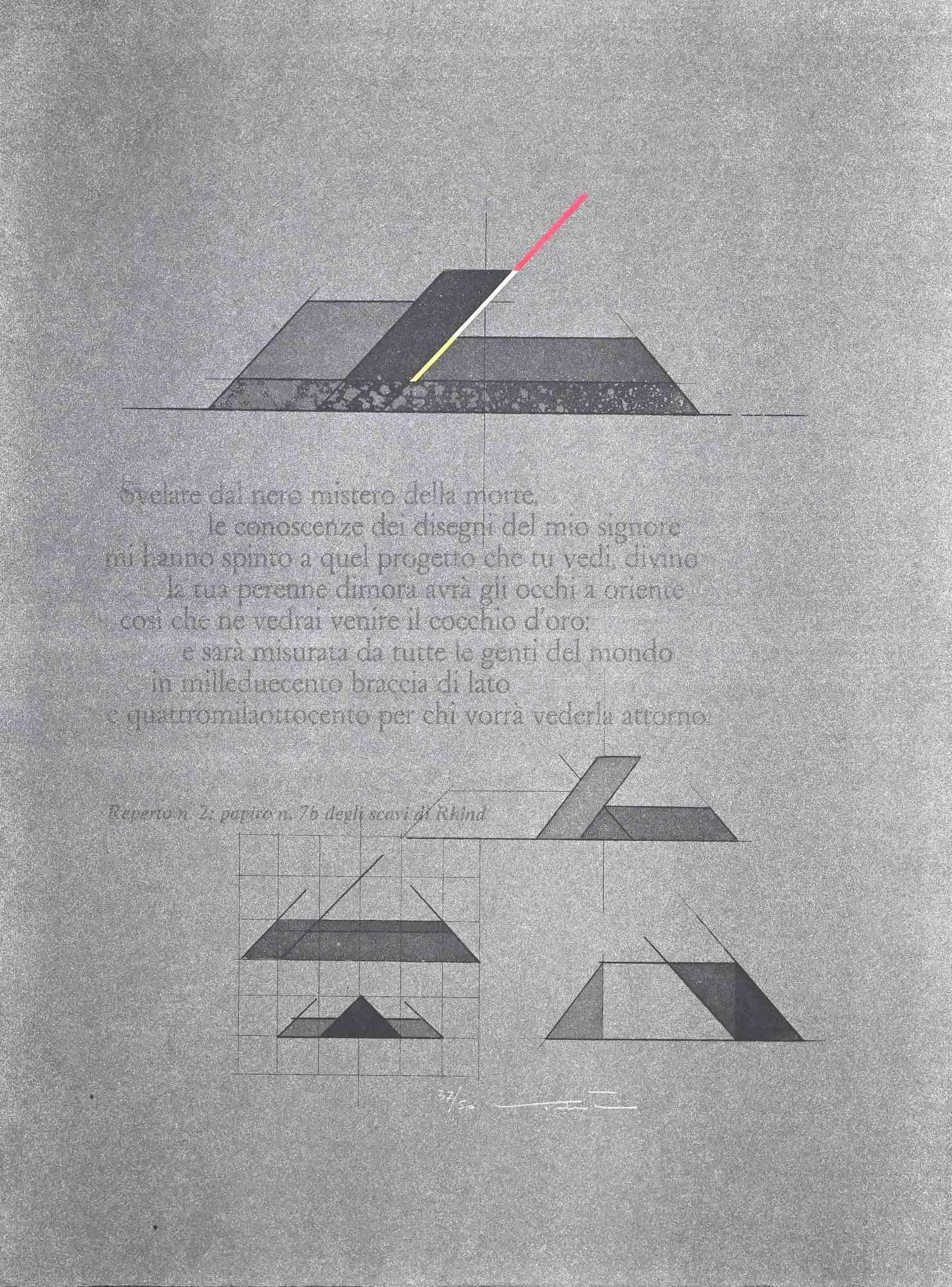 Hinter den Ausgrabungen – Radierung von Walter Valentini – 1977