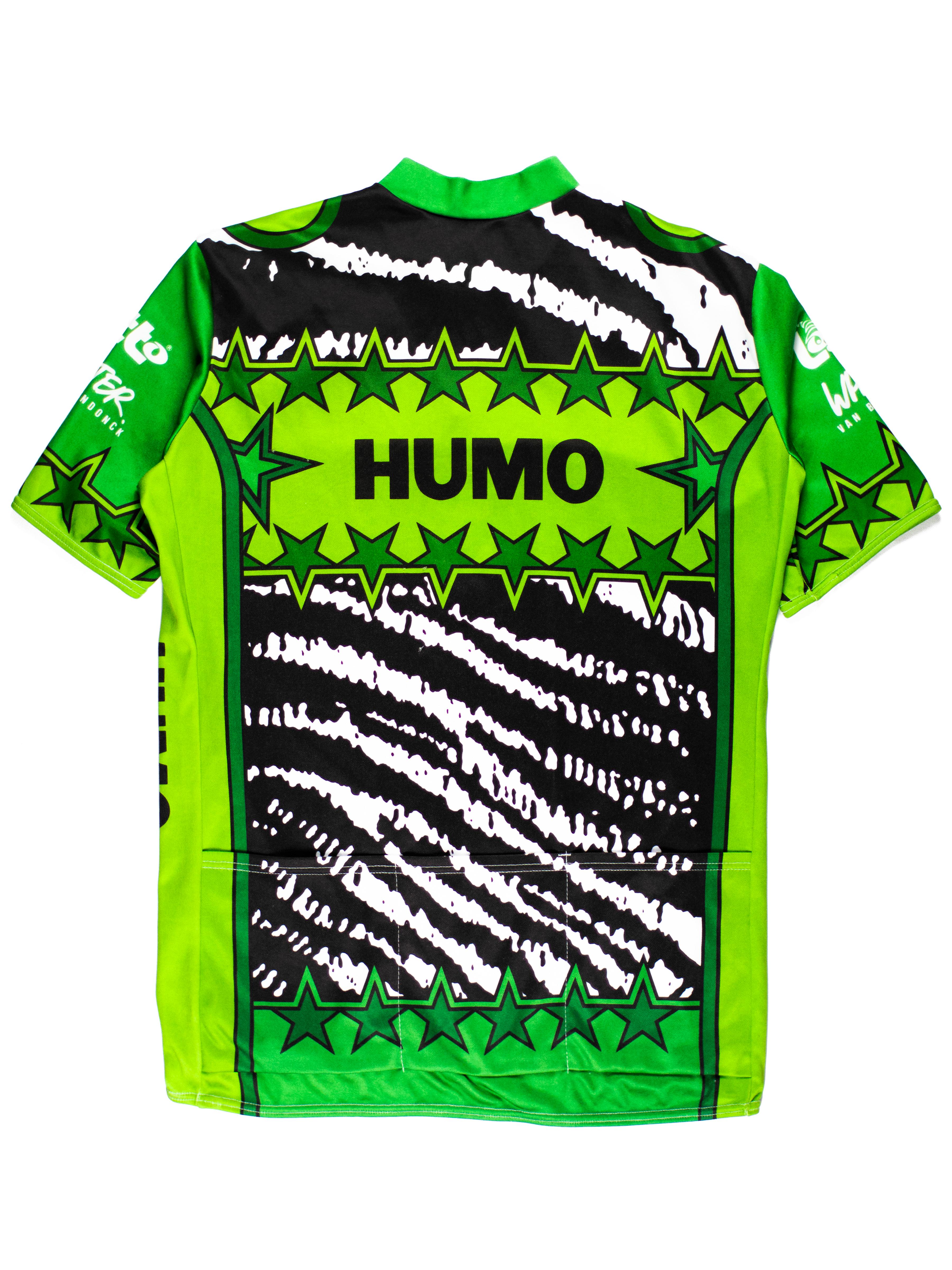 This cycling top was made in 1989 to commemorate the Torhout-Werchter cycling tour in Belgium, which had taken place earlier in the year. Various sponsorships line the shirt, including Humo, a Belgium tabloid, and Lotto, the Belgian lottery. This