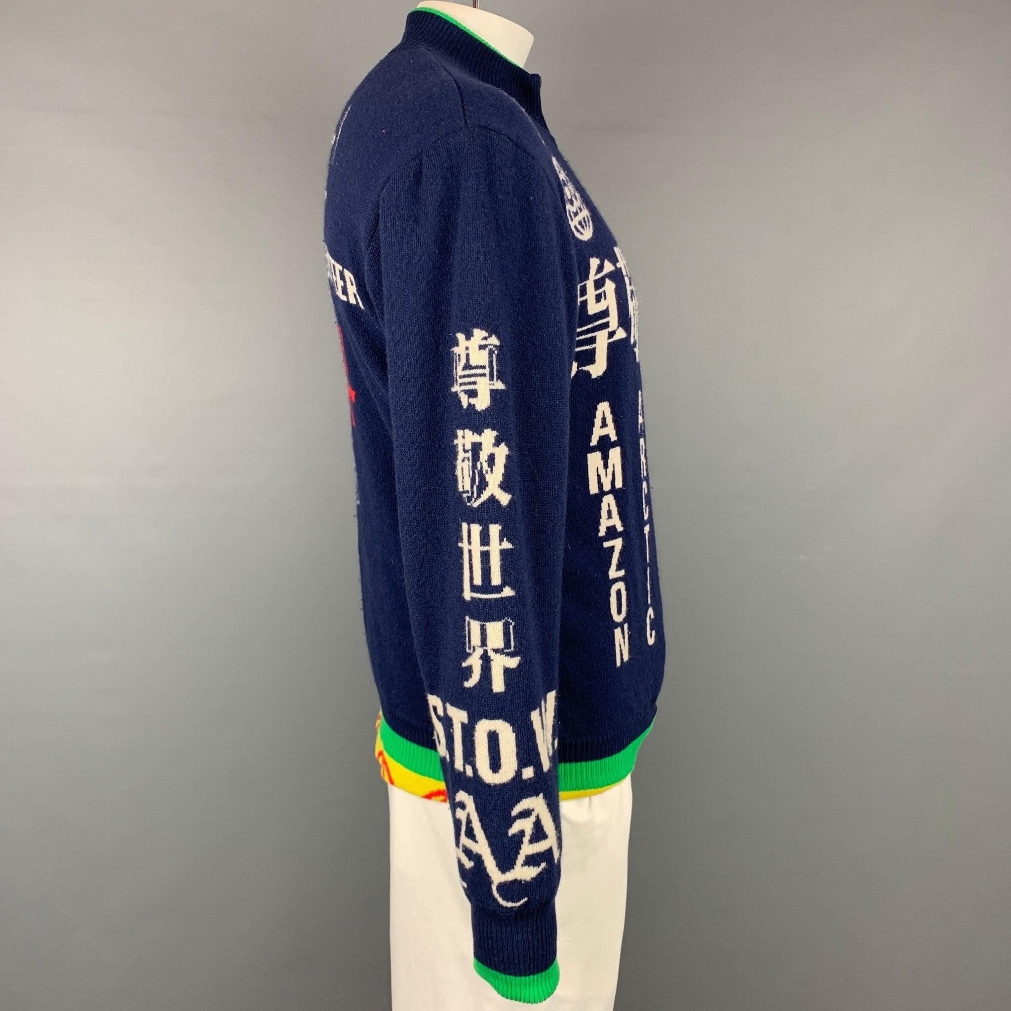 WALTER VAN BEIRENDONCK 2006 Size L Blue & Green Wool/Cotton Reversible Cardigan In Good Condition For Sale In San Francisco, CA