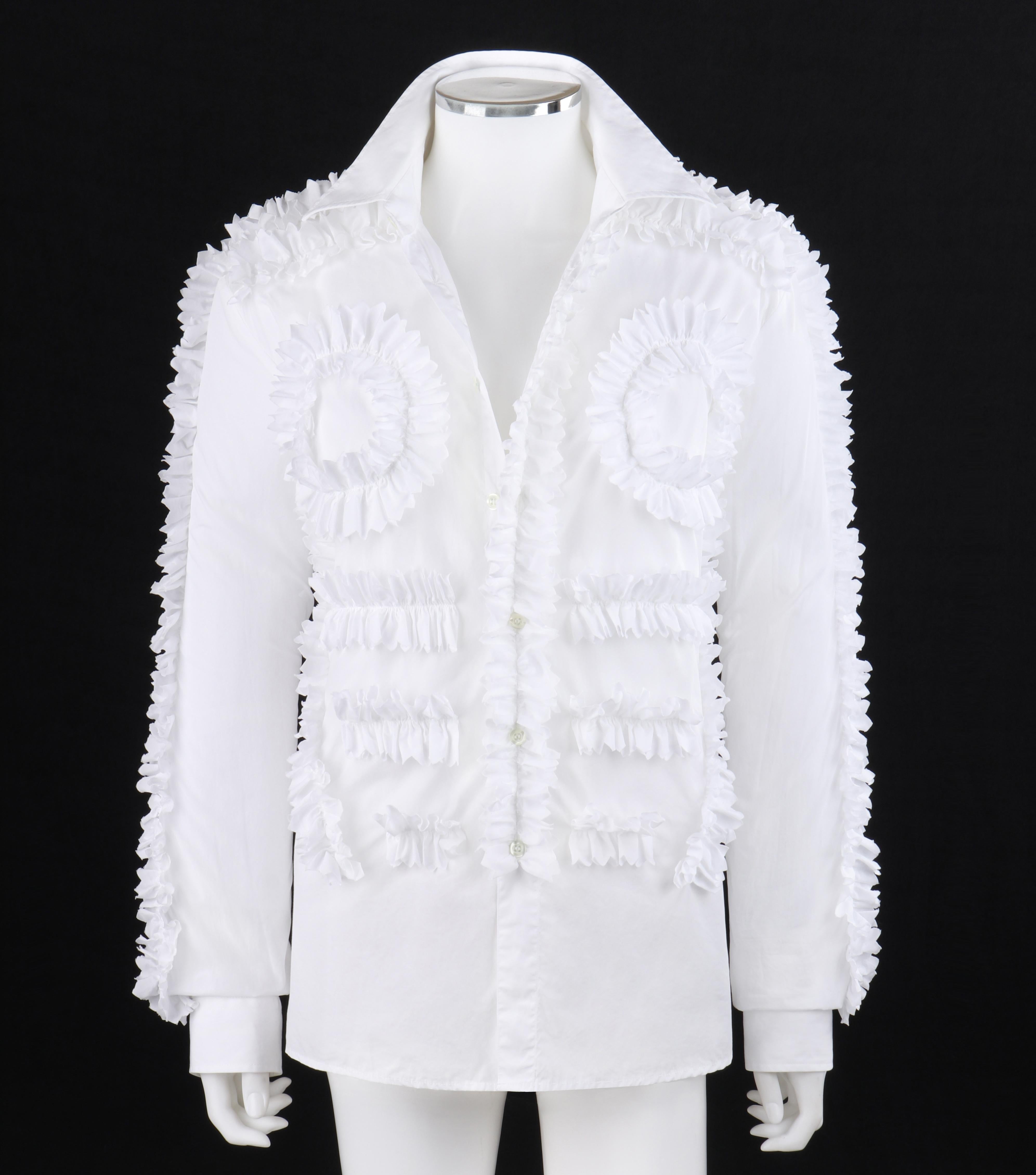 WALTER VAN BEIRENDONCK A/W 2014 Men's Symmetric White Ruffle Button Front Shirt 
 
Brand / Manufacturer: Walter Van Beirendonck
Collection: A/W 2014 Look #41
Style: Button front shirt
Color(s): Shades of white
Lined: No
Marked Fabric Content: 100%