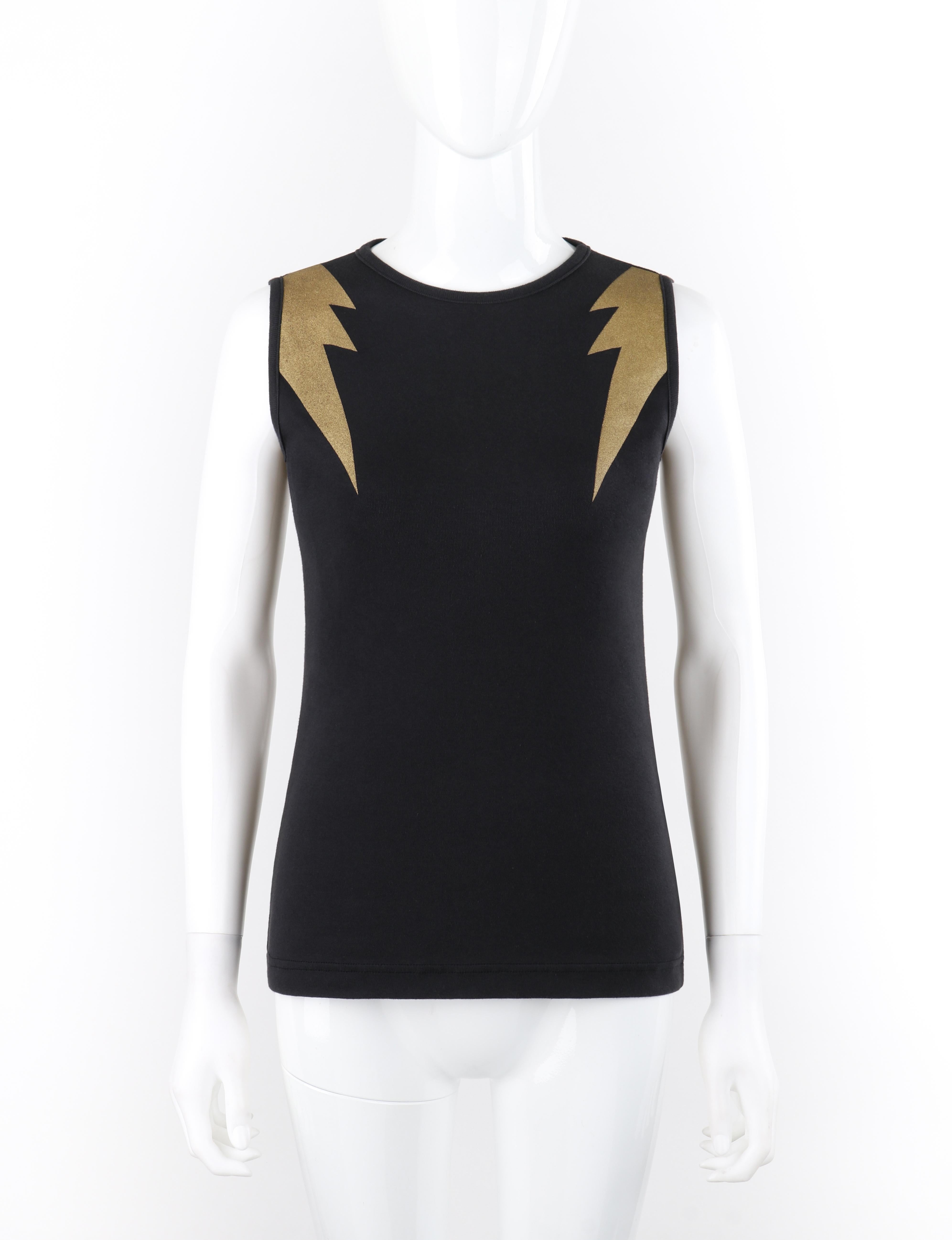 WALTER VAN BEIRENDONCK c.2010's Black Gold Metallic Lightning Bolt Tank Top NWT

Brand / Manufacturer: Walter Van Beirendonck for Wild & Lethal Trash
Circa: 2010's 
Style: Tank Top
Color(s): Shades of black, gold
Lined: No 
Marked Fabric Content: