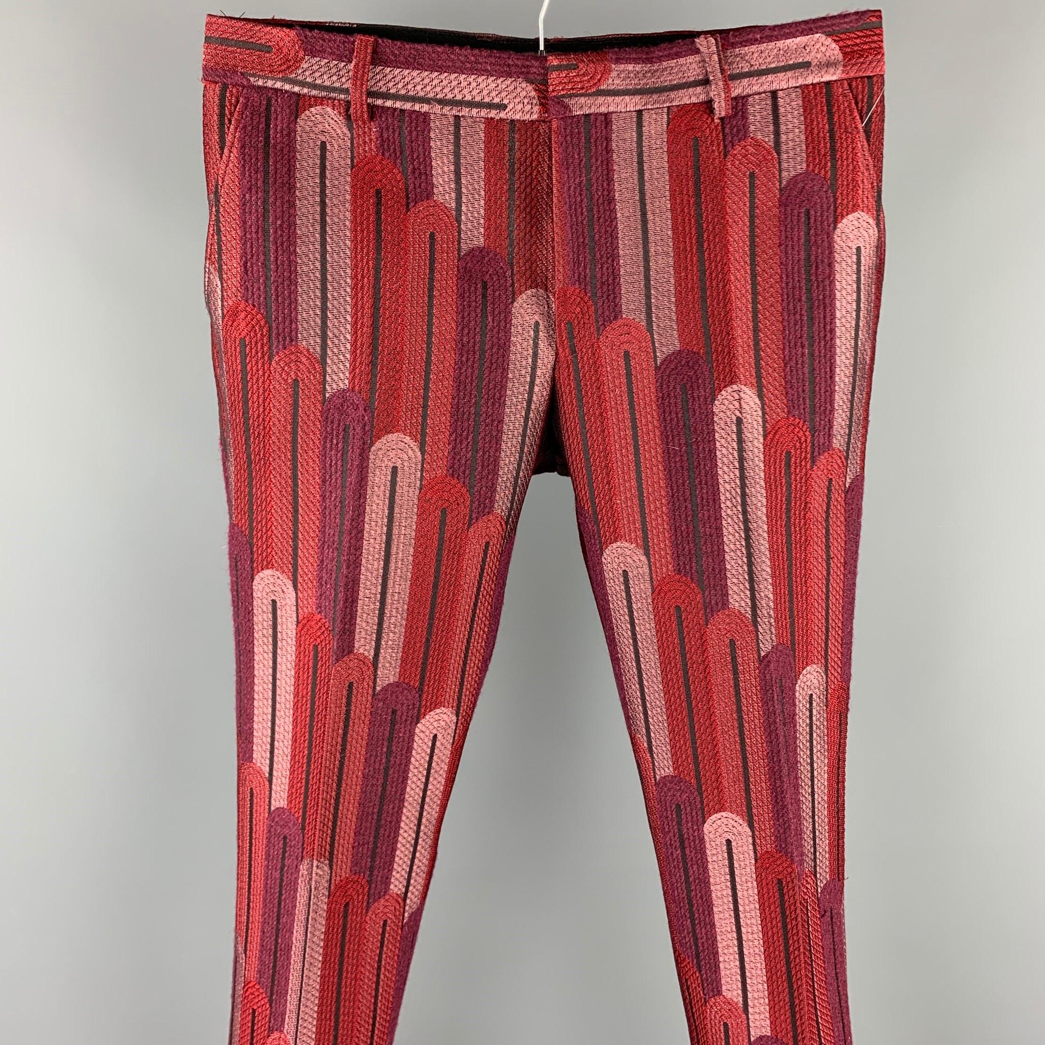 WALTER VAN BEIRENDONCK F/W 16 2001 Sharp Trouser dress pants comes in a burgundy & red brocade polyester blend featuring a flat front, slit pockets, front tab, and a zip fly closure. Altered waistband. Made in Europe.

Excellent Pre-Owned